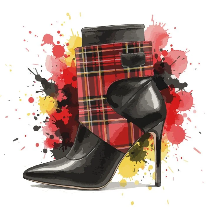 Straight from the designer’s sketchbook—a high-heeled boot that fuses glossy black patent leather with a bold red plaid overlay and sleek side zipper. Raw, rebellious, and punk at its core.