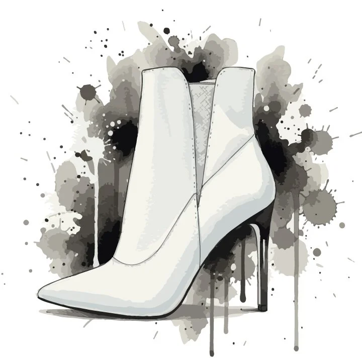 Digitally illustrated white leather ankle boots with a sharp black stiletto heel engineered to evoke the illusion of a floating heel. Minimalist yet architectural.
