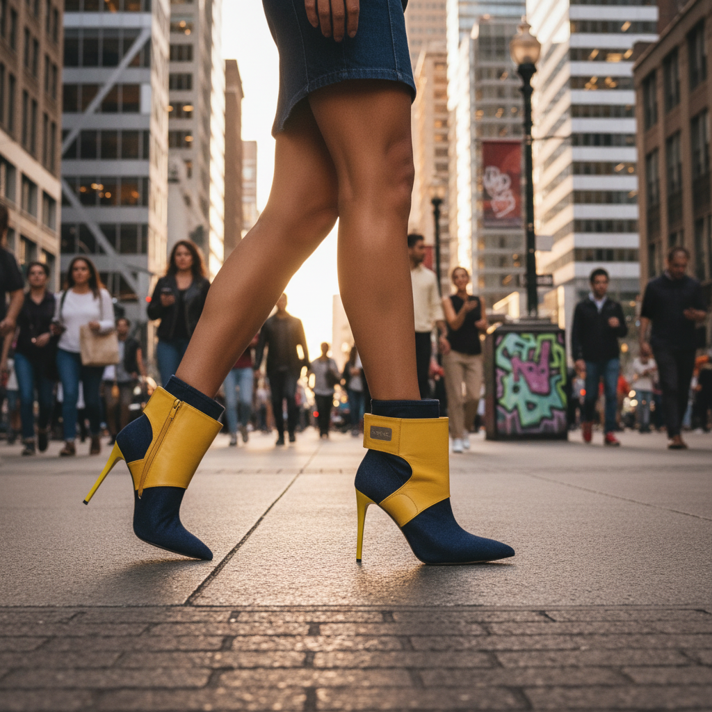 Close-up of a woman's legs and high-heeled boots as she walks on city street during sunset, with pedestrians and tall buildings in the background.