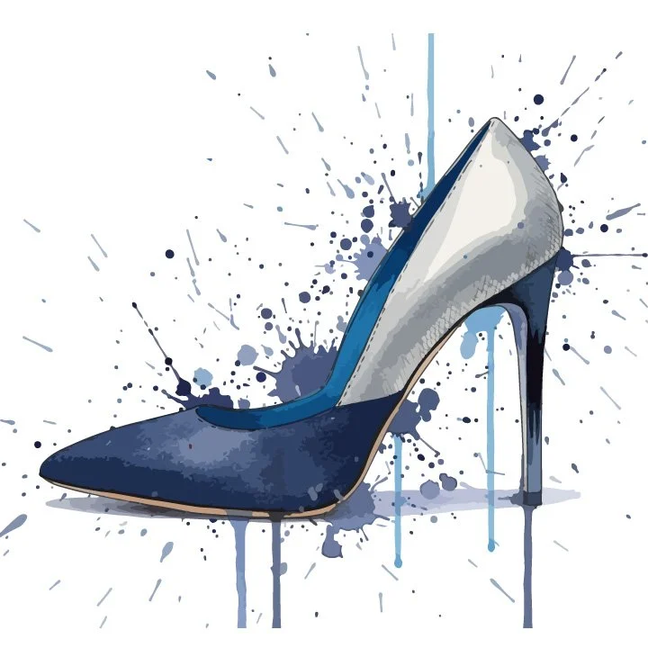 Sketch-style stiletto heel merging smooth white leather with deep navy denim, cut with sharp contrast and edge. A flash of cerulean lines the interior—an unexpected pop meant just for you.