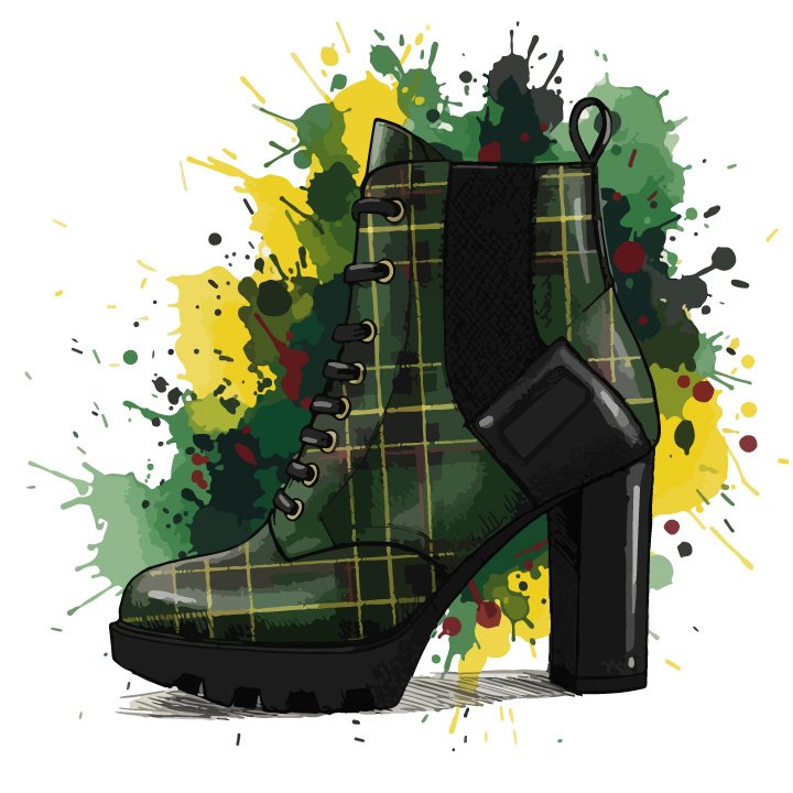 Digital illustration of a green plaid combat boot with a chunky heel—rebellious in spirit and grounded in style. The little sister to the green tartan heeled boot, she’s tougher, bolder, and built to stomp with purpose.