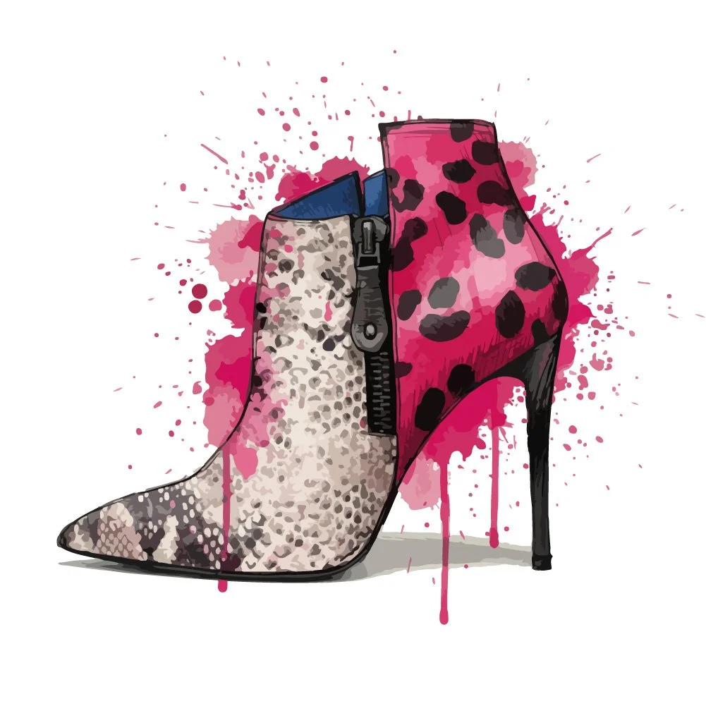 An illustration of a high-heeled shoe with a leopard print pattern, featuring a zipper on the side, against a pink watercolor background with splashes and drips.