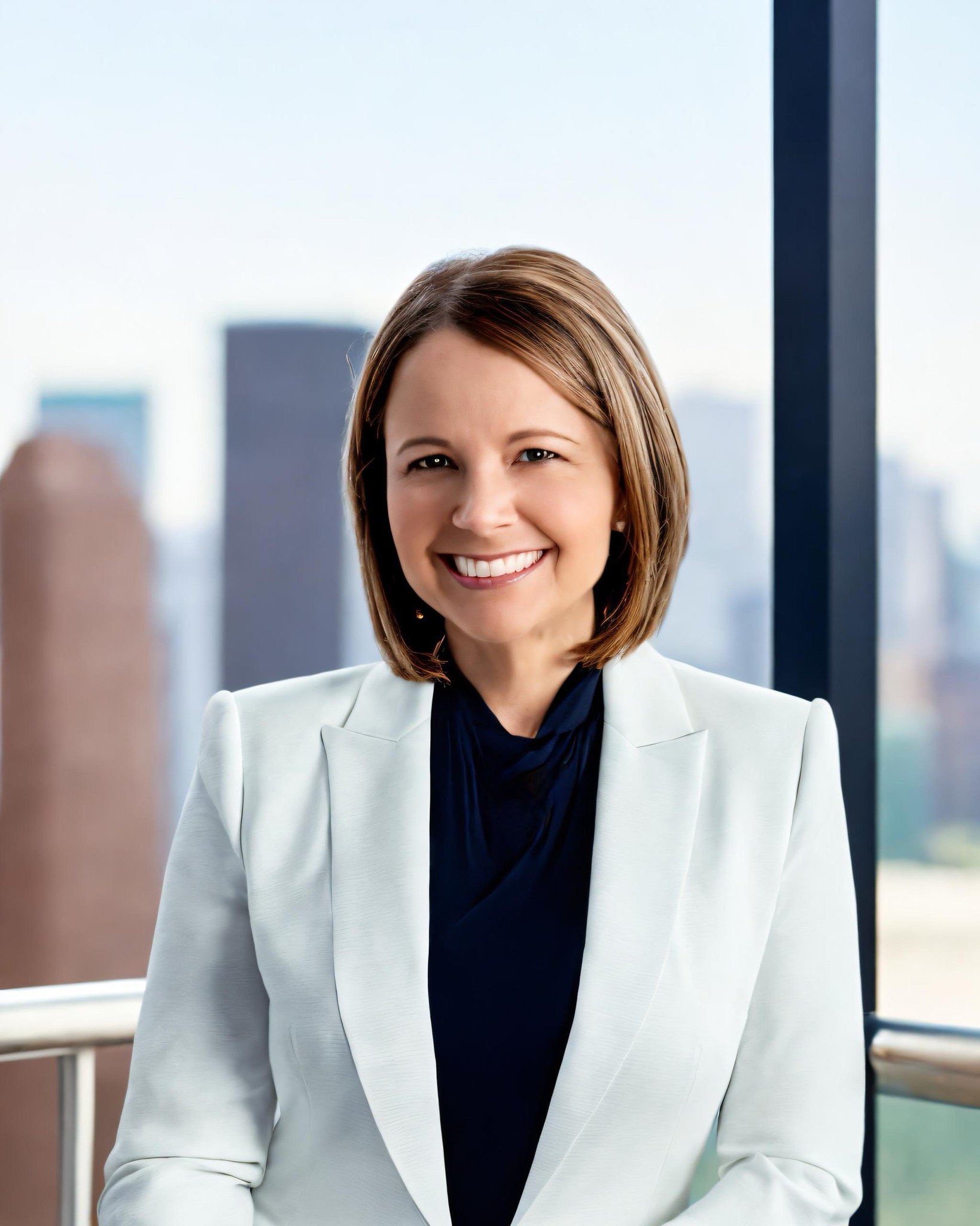 Professional woman with short brown hair wearing a white blazer and black top, smiling in a modern office with cityscape view in the background.