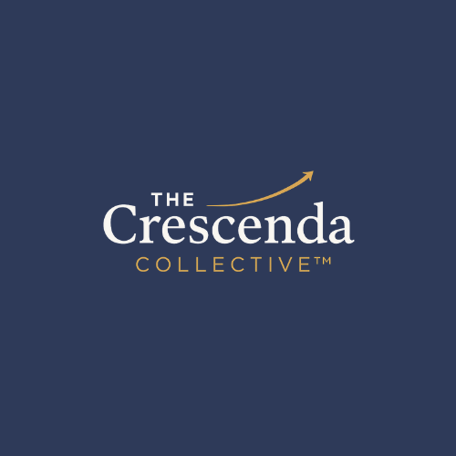 Logo for The Crescenda Collective with a dark blue background and an upward arrow above the text.