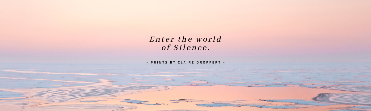 A serene landscape of a snowy, icy expanse under a pastel-colored sky with pink and light blue hues. Text overlay says, 'Enter the world of Silence. Prints by Claire Droppert.'