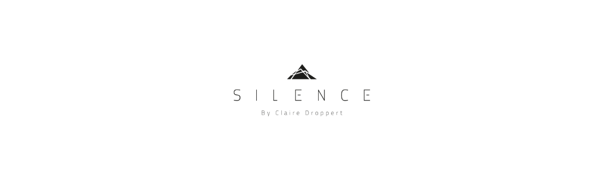 Minimalist logo with a black stylized mountain symbol above the word "SILENCE" and the text "By Claire Droppert" underneath.