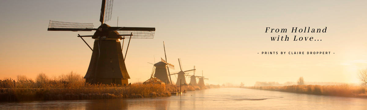 A row of traditional Dutch windmills along a canal at sunset, with golden light and a calm water surface.
