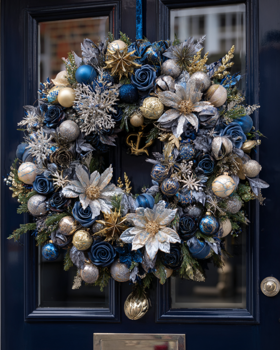 Blue Christmas wreath with frosted greenery, navy ribbon, and soft winter accents hanging on a wall.