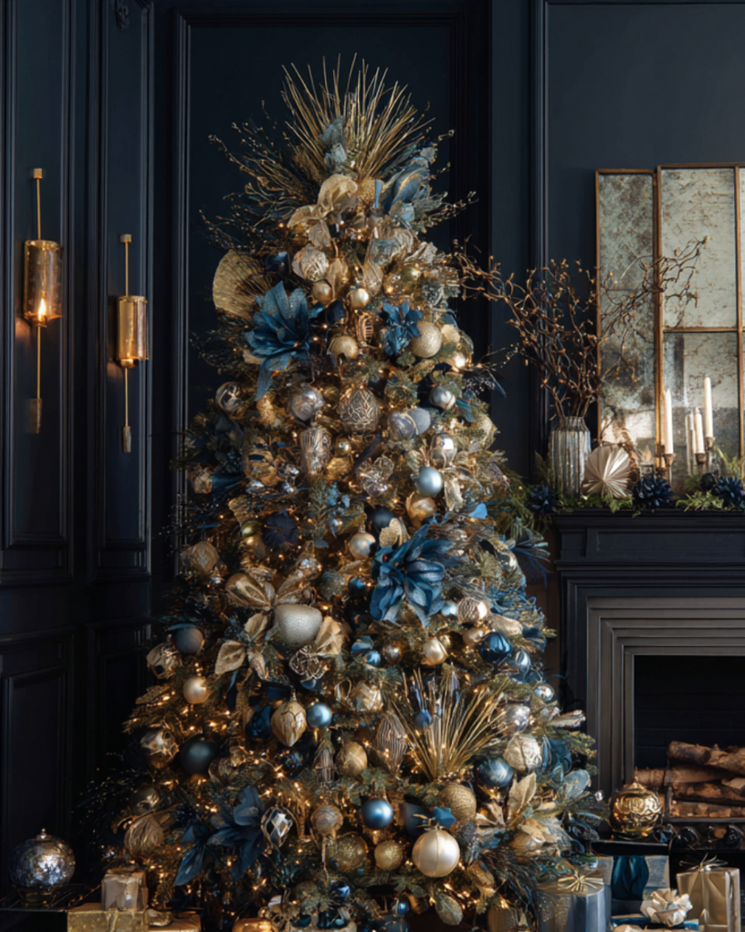 Elegant Christmas tree decorated with navy blue and gold ornaments, ribbons, and florals in a dark, moody living room