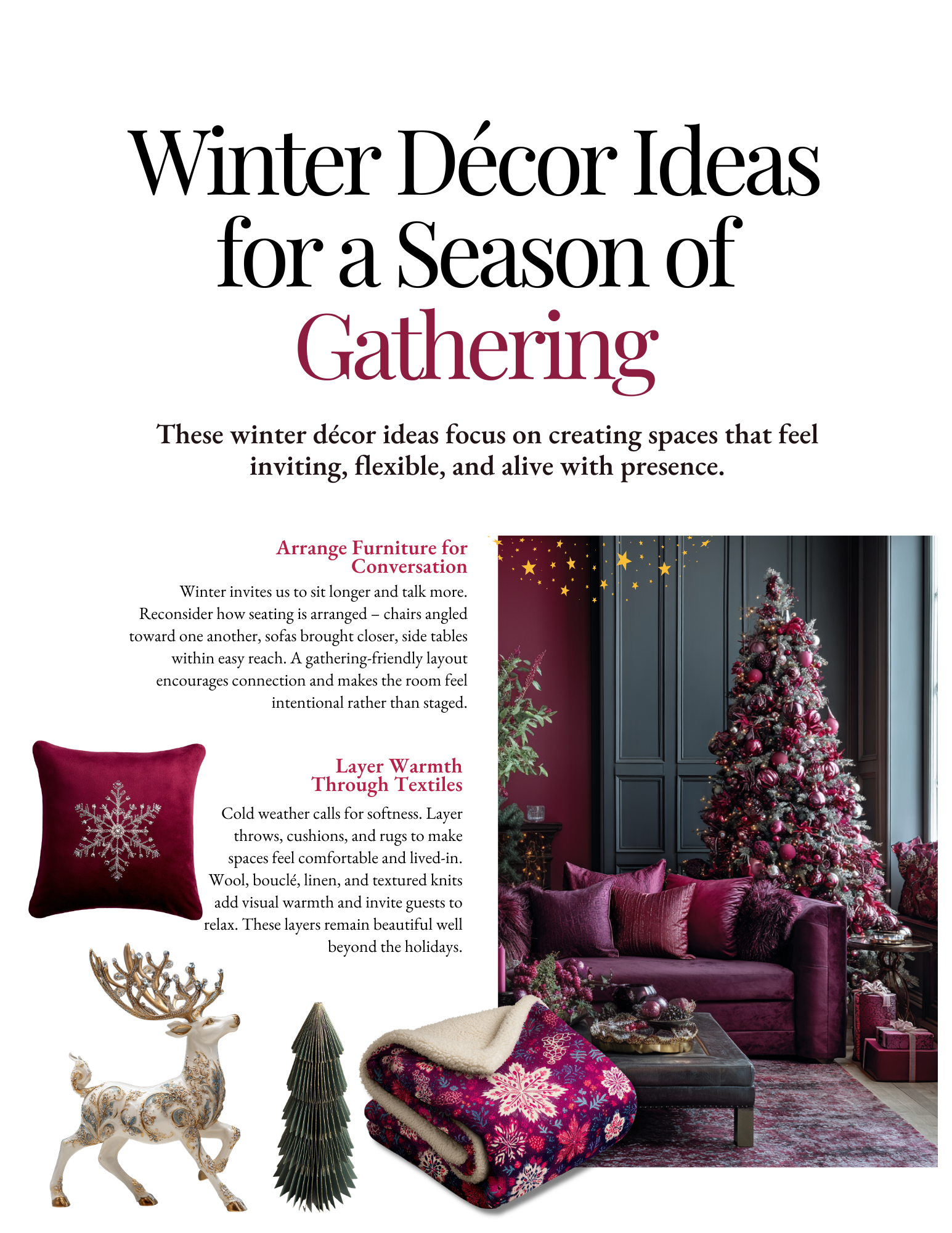 Decorative holiday scene with a Christmas tree, velvet pillows, a holiday-themed blanket, a reindeer figurine, a small Christmas tree figurine, and gold star decorations in a living room.