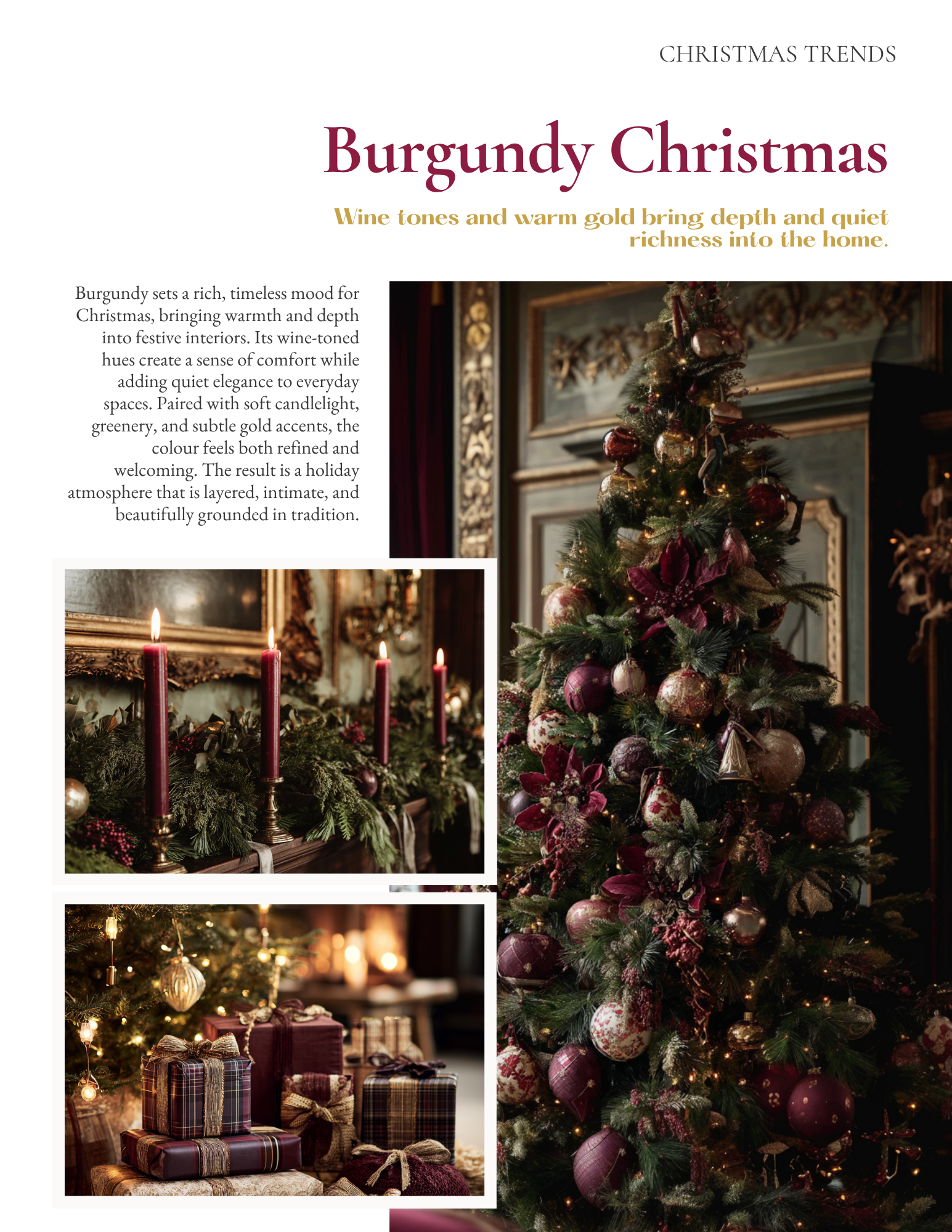 Christmas magazine page with burgundy Christmas tree decorated with ornaments, a garland with candles, and wrapped presents under a lit Christmas tree.