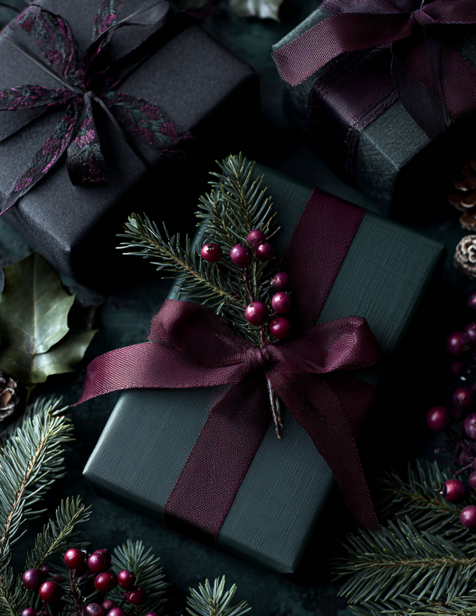 Christmas presents wrapped in dark green and black paper with burgundy ribbons, decorated with pine branches, holly leaves, and red berries.