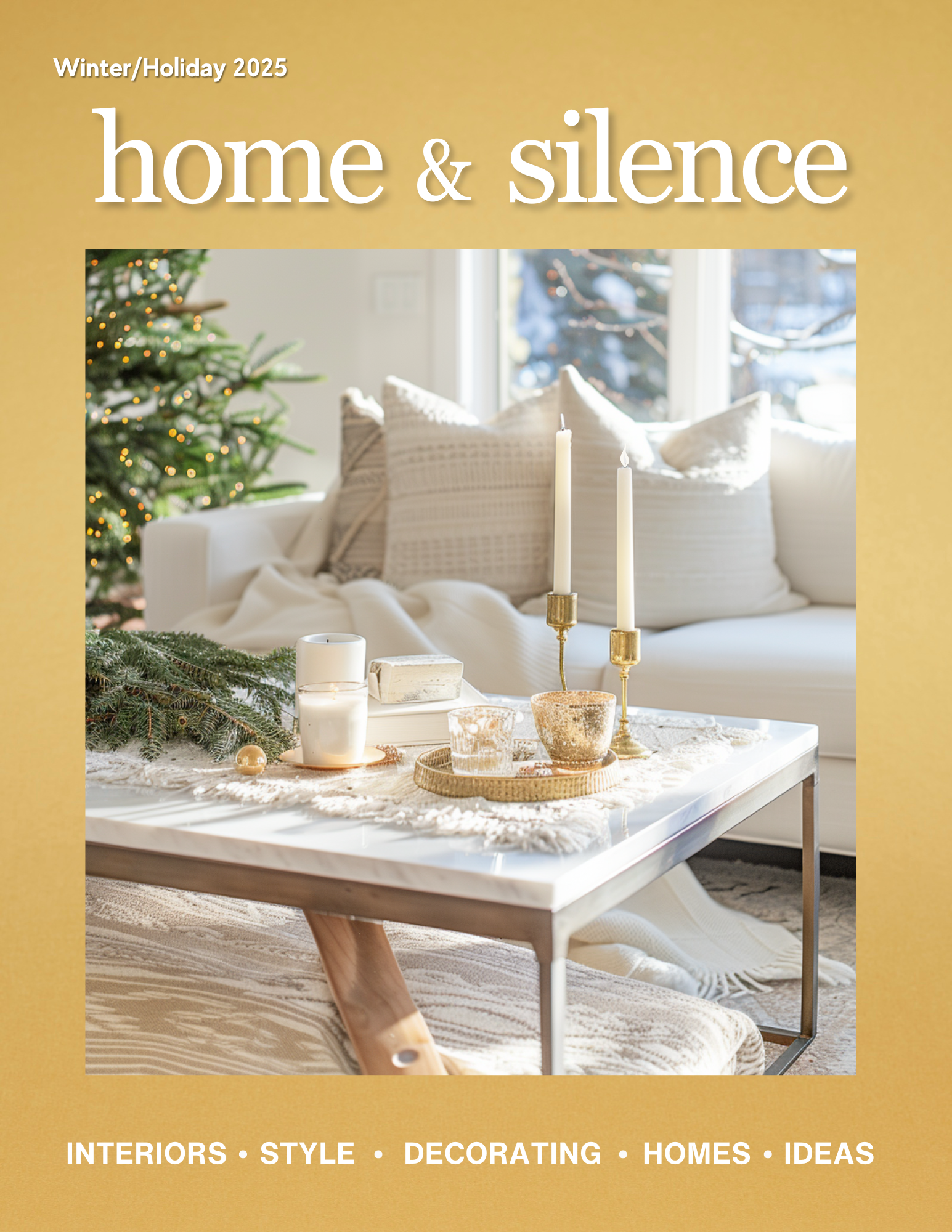 Magazine cover titled 'home & silence' for Winter/Holiday 2025, featuring a decorated living room with a white sofa, holiday greenery, with a Christmas tree in the background.