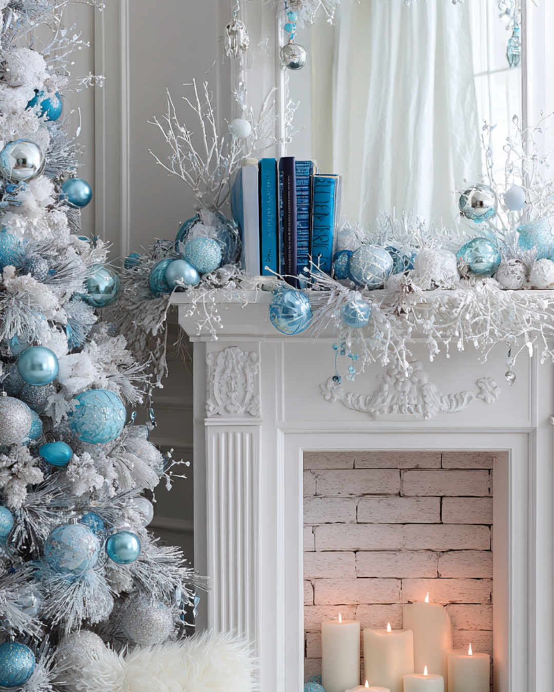 Cozy blue living room with a frosted Christmas tree, lanterns, candles