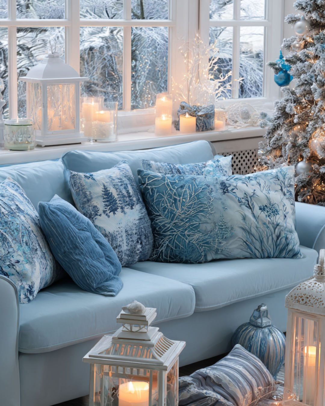 Light blue sofa with frosted Christmas tree, lanterns, candles, and winter lights
