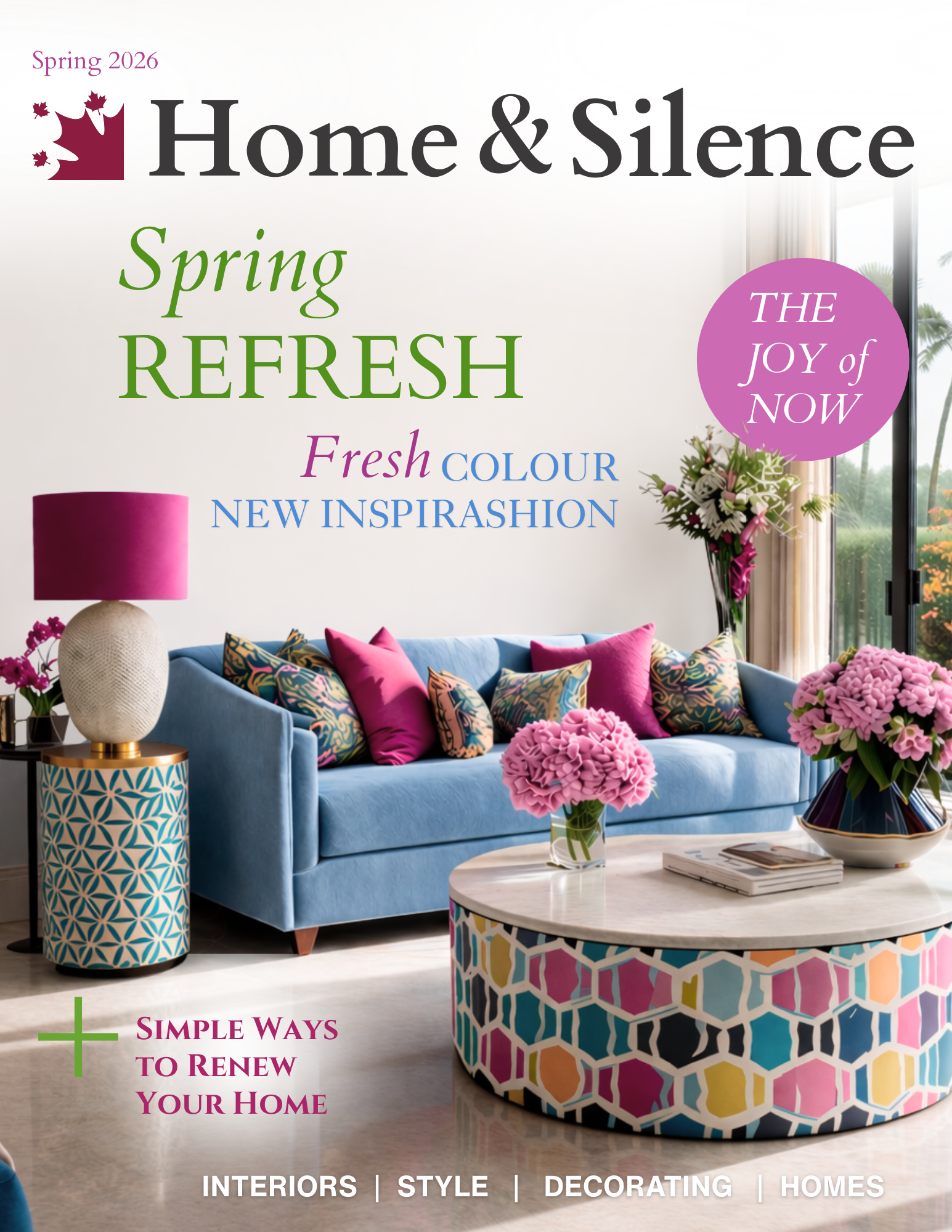 Spring issue of Home and Silence magazine featuring light, airy interiors with soft colours, natural textures, and nature-inspired decor creating a calm and refreshed seasonal atmosphere.