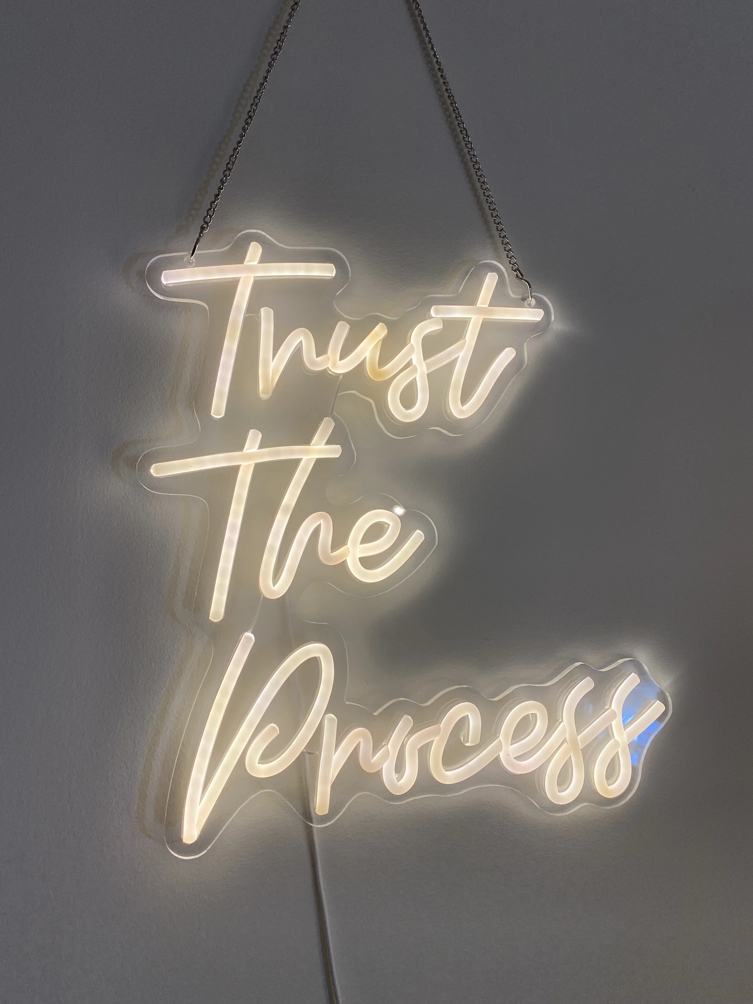 A neon sign on a wall with the phrase 'Trust the Process' in cursive lettering, illuminated in white.