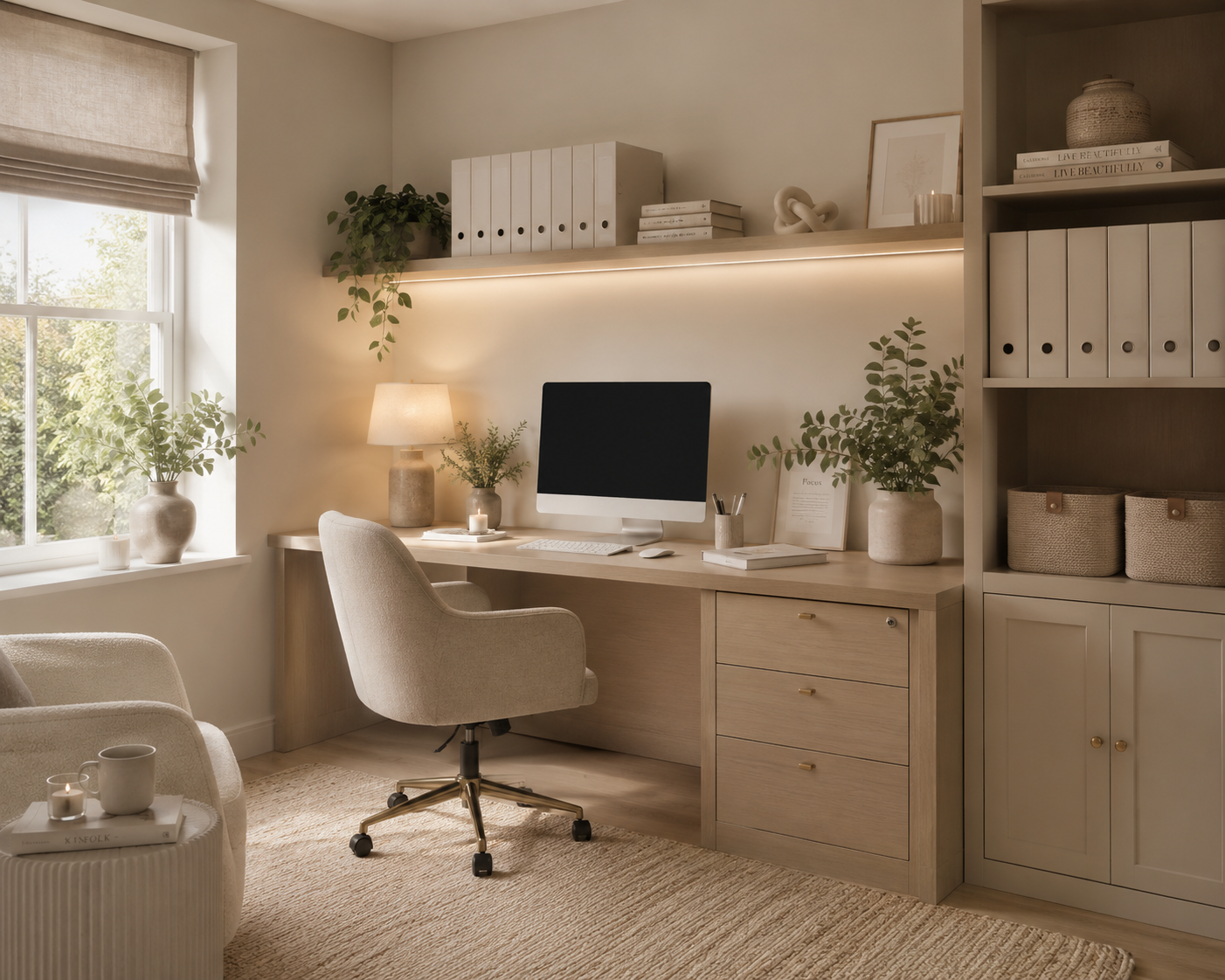 A cozy home office with a desk, beige chair, computer, plants, shelves, and decorative items in neutral tones.