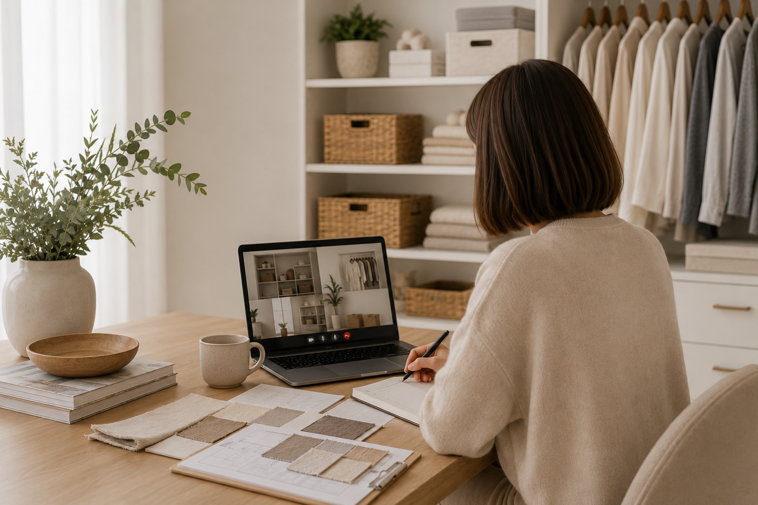 Woman working on interior design or home organization project, with fabric samples, a notebook, and a laptop in a cozy, well-organized room.
