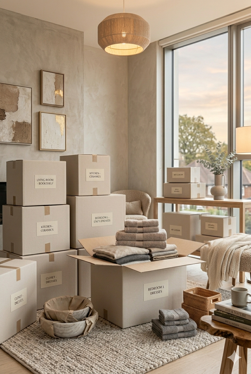 A room with natural light coming through a large window, filled with moving boxes labeled for various rooms, a stack of folded towels and linens, a small side table with books and a mug, and artwork on the wall, all in neutral tones.