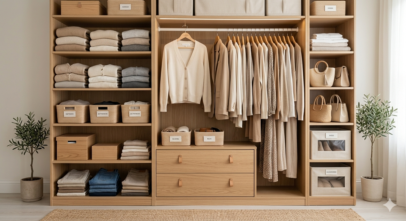 A neatly organized wooden wardrobe with shelves, hanging rods, drawers, and storage bins. There are folded sweaters, boxes, shoes, and handbags inside, with plants on each side of the wardrobe and a beige rug on the floor.