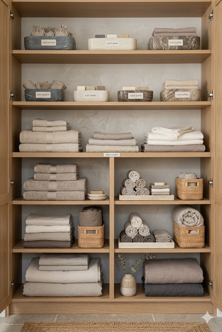 A neatly organized wooden cabinet with shelves containing towels, face cloths, linen sachets, guest soaps, and storage baskets, all in neutral tones.