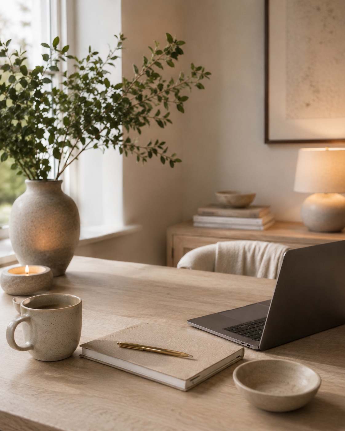 A cozy home office or study desk scene with a large leafy plant in a textured vase, a lit candle, a mug of coffee, a closed laptop, a notebook with a gold pen, a ceramic bowl, a soft chair, a wooden sideboard with books and bowls, a lamp, and framed art on the wall, in a room with soft natural light.
