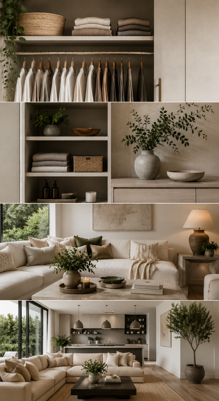 Interior of a modern, minimalist home featuring a closet with neatly hung clothes and folded towels, a living room with a cream sectional sofa and various cushions, and a kitchen with pendant lights and open shelving, all decorated with plants and neutral tones.