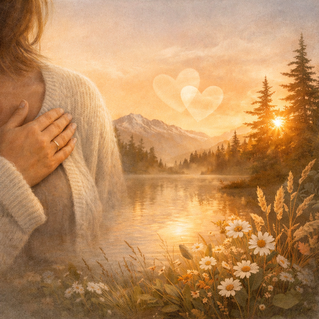 A woman placing her hand over her heart, standing in front of a sunset over a mountain lake with wildflowers in the foreground and heart shapes in the sky.
