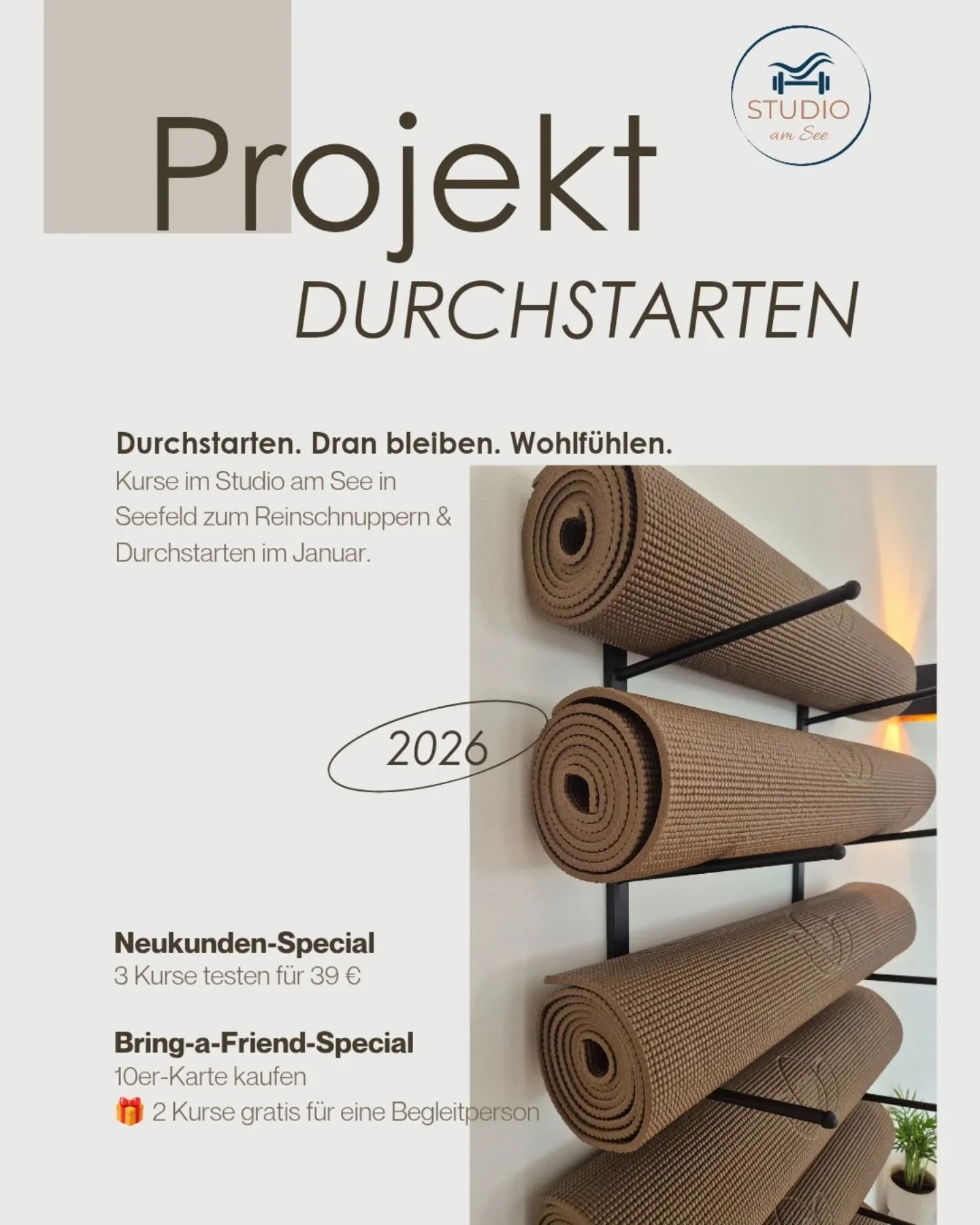 🚀 PROJEKT DURCHSTARTEN

Neues Jahr. Neue Energie. Aber bitte ohne Druck &ndash; daf&uuml;r mit Bewegung, Motivation und guter Stimmung.

Projekt Durchstarten ist dein Einstieg in regelm&auml;&szlig;iges Training &ndash; allein oder gemeinsam mit ein