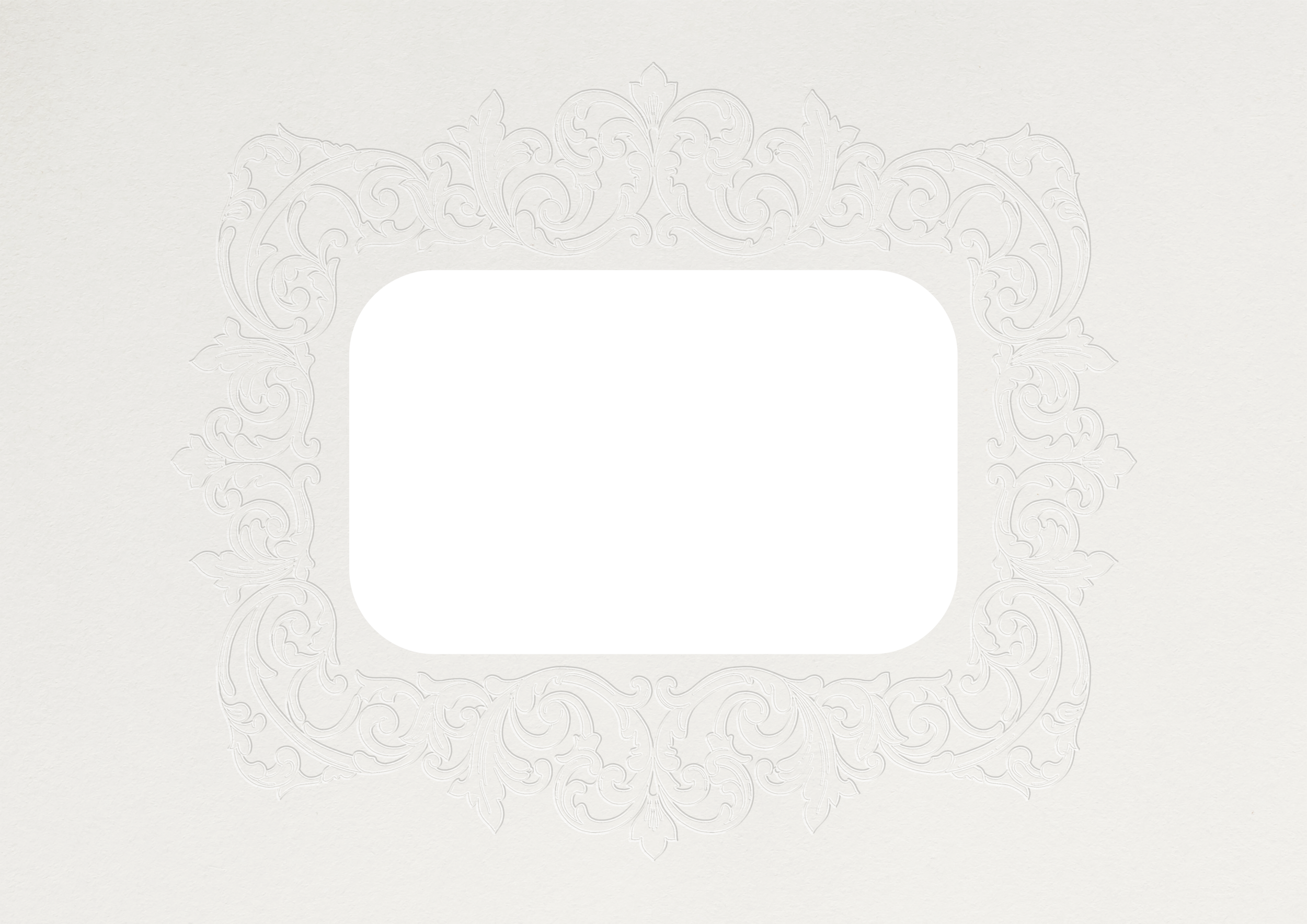 Elegant white floral border with intricate patterns surrounds a black rectangle at the center, creating a classic and ornate look.