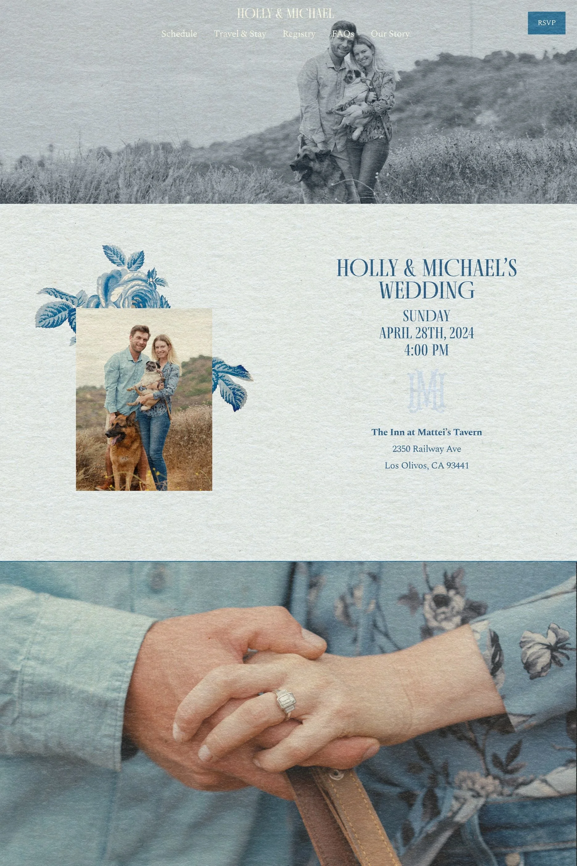 Invitation for Holly and Michael's wedding, featuring a couple in casual attire with a dog in a field. Date: April 28, 2024, 4:00 PM. Venue in Los Olivos, CA. Gentle and warm tone.