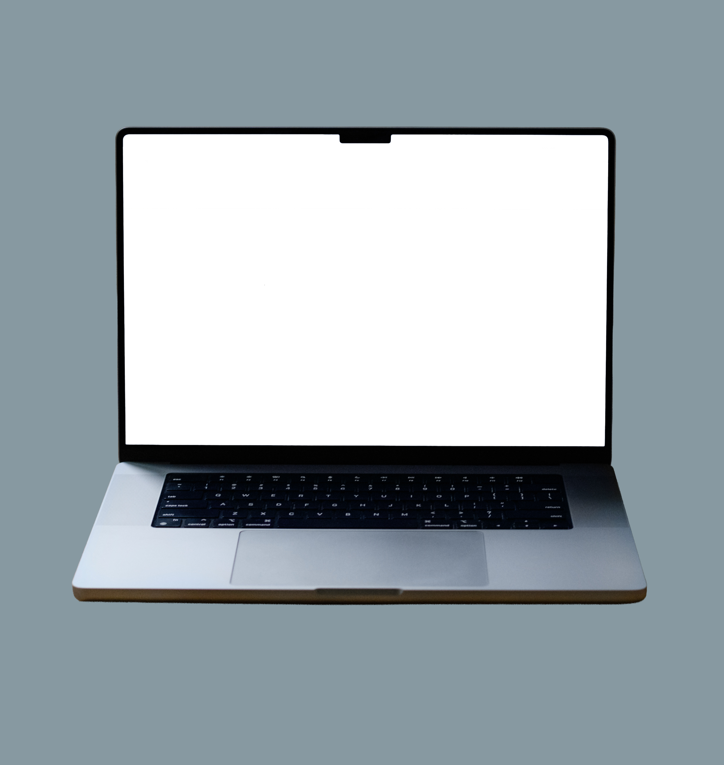 first-second-third Open laptop with a black screen and a silver body against a plain gray background. The keyboard is visible, conveying a minimalistic tone.