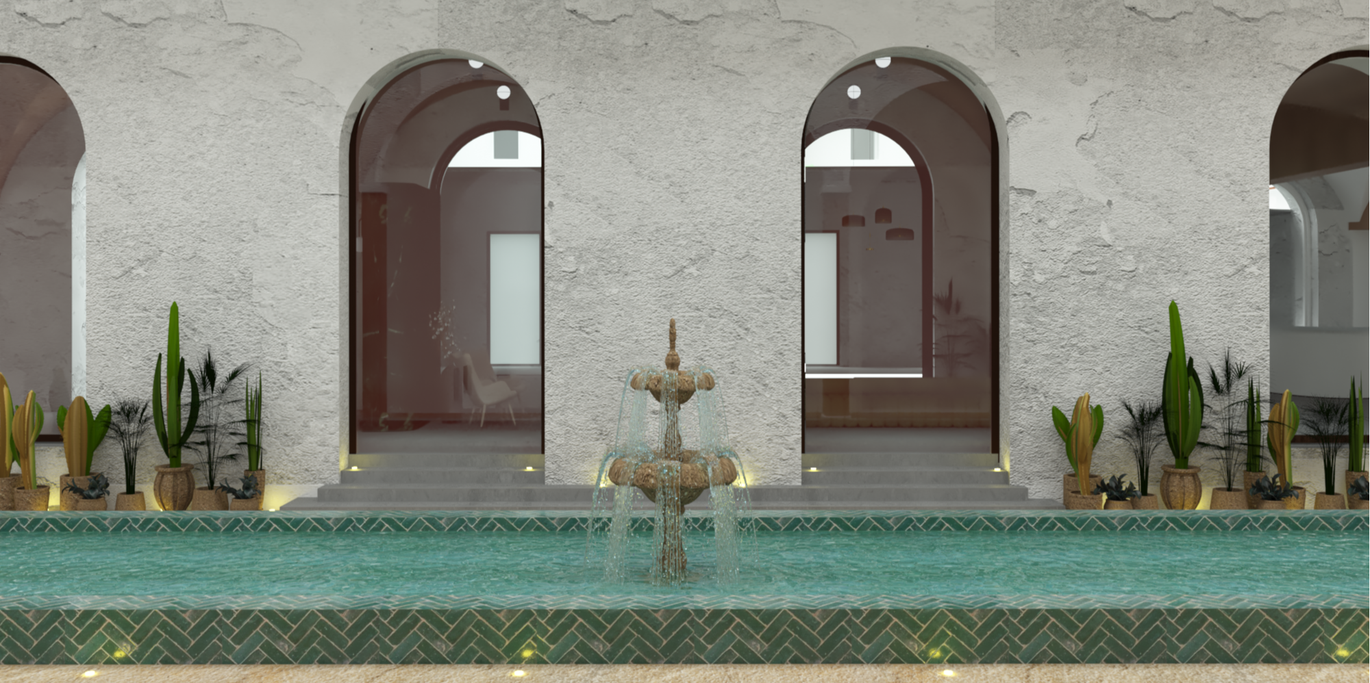 Front view of a decorative fountain in a pool, with a textured white wall, arched doorways, potted plants, and indoor furniture visible through the glass doors.
