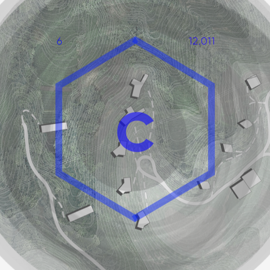 Topographic map displaying a hexagonal boundary outline in blue, with data points and elevation lines, and a central C symbol.