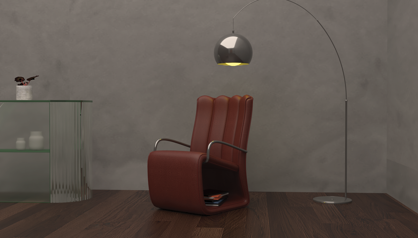 Interior room with a modern red leather armchair, glass side table, and a silver arc floor lamp with a black shade, all set against gray walls and wooden flooring.