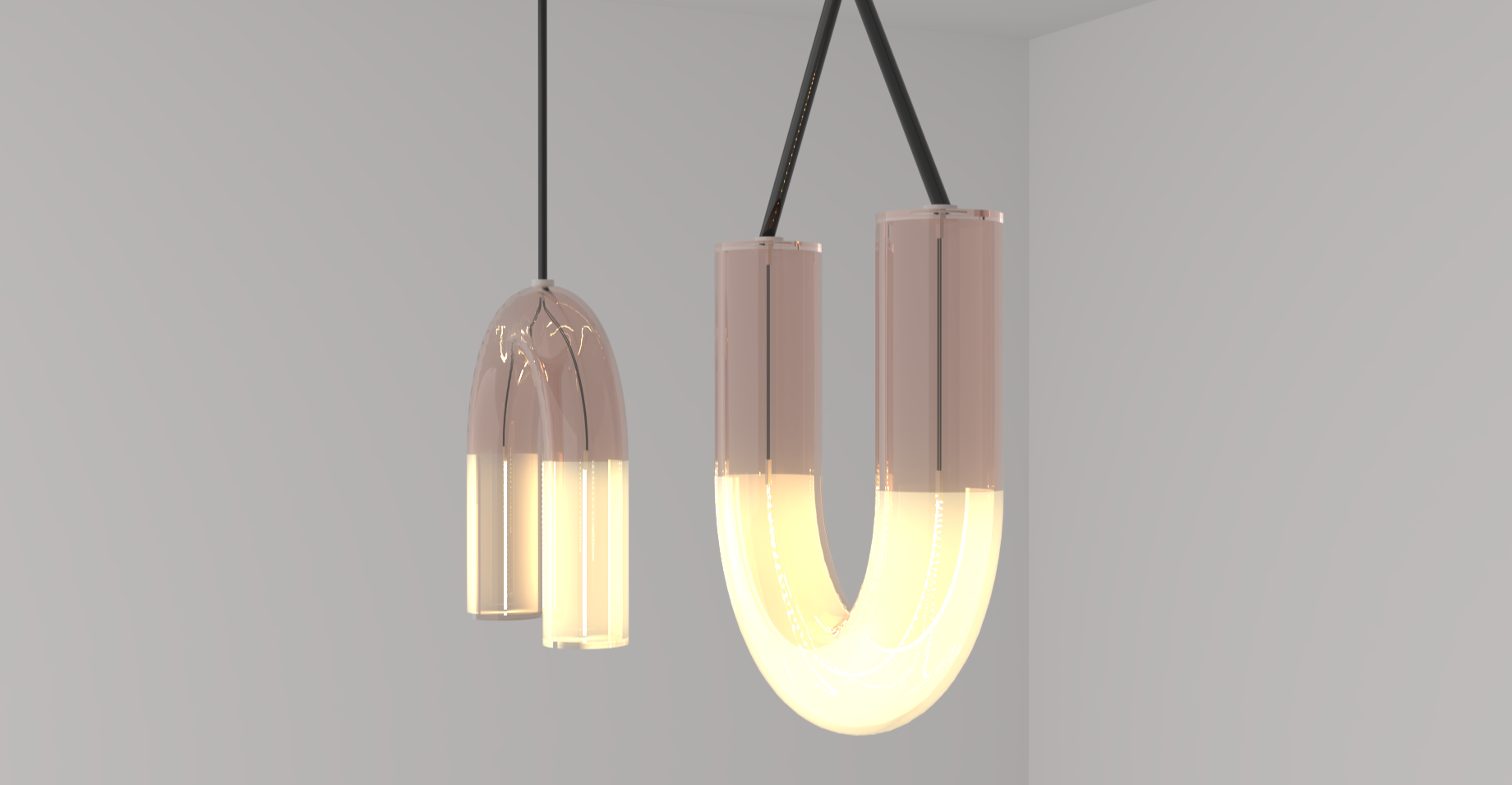 Modern pendant light fixture with three elongated glass shades hanging from black cords against a plain white wall.