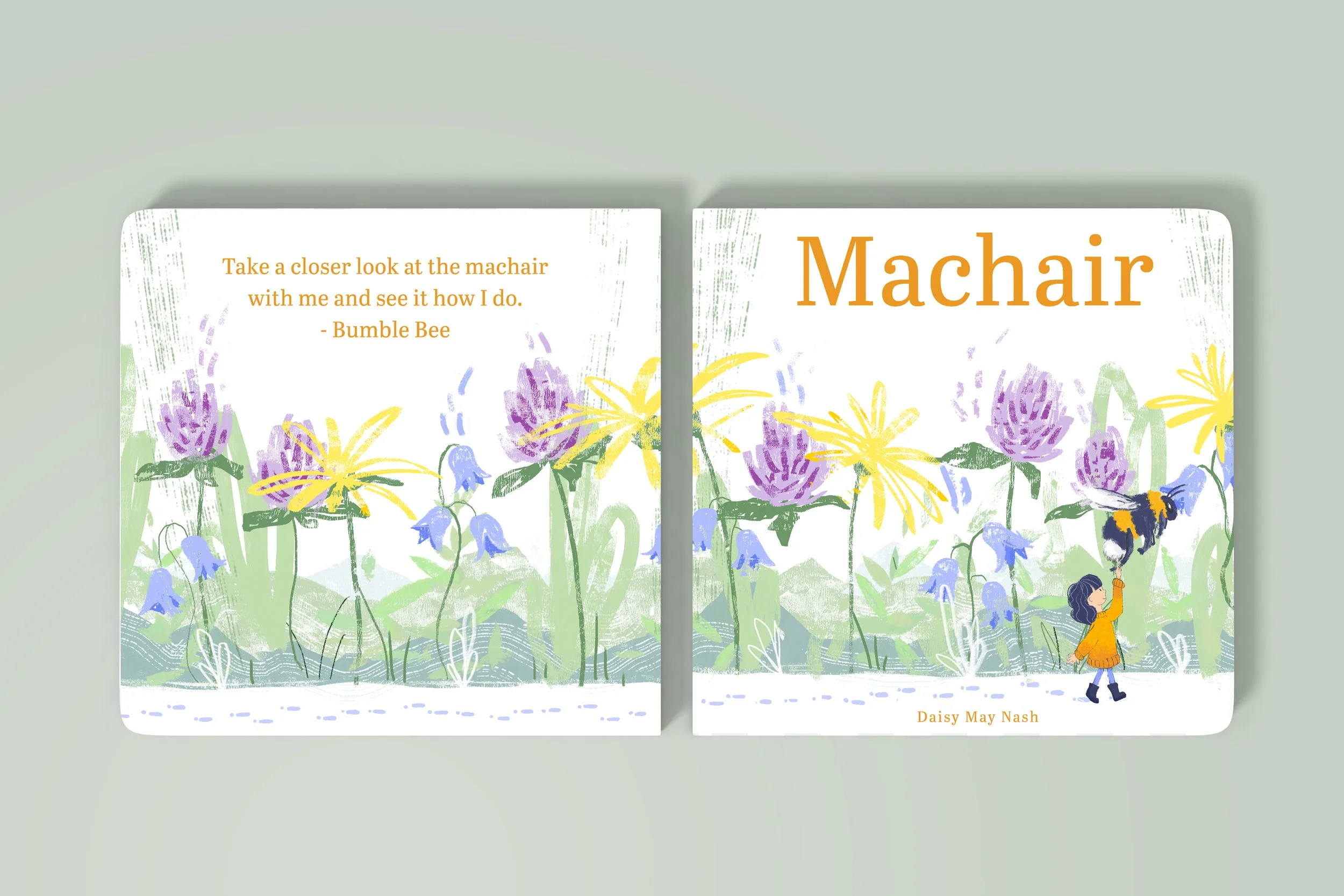 Book cover titled 'Machair' with an illustration of wildflowers and a young girl in an orange coat reaching to touch a bee.