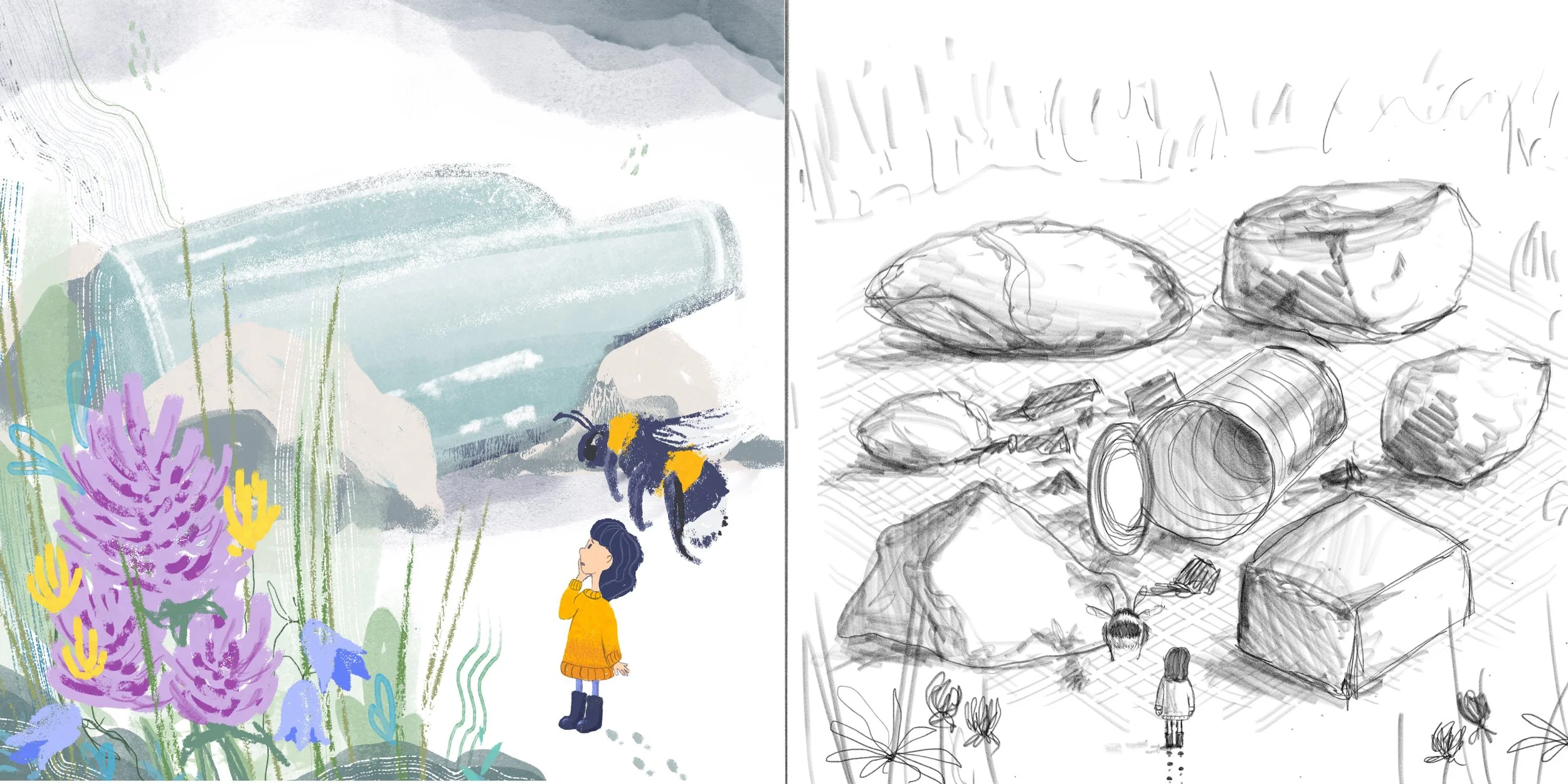 A colorful illustration on the left shows a girl standing outdoors with purple flowers and a bee flying nearby, against a snowy landscape with a block and mountains. The right side features a black and white sketch of a girl observing various stones 