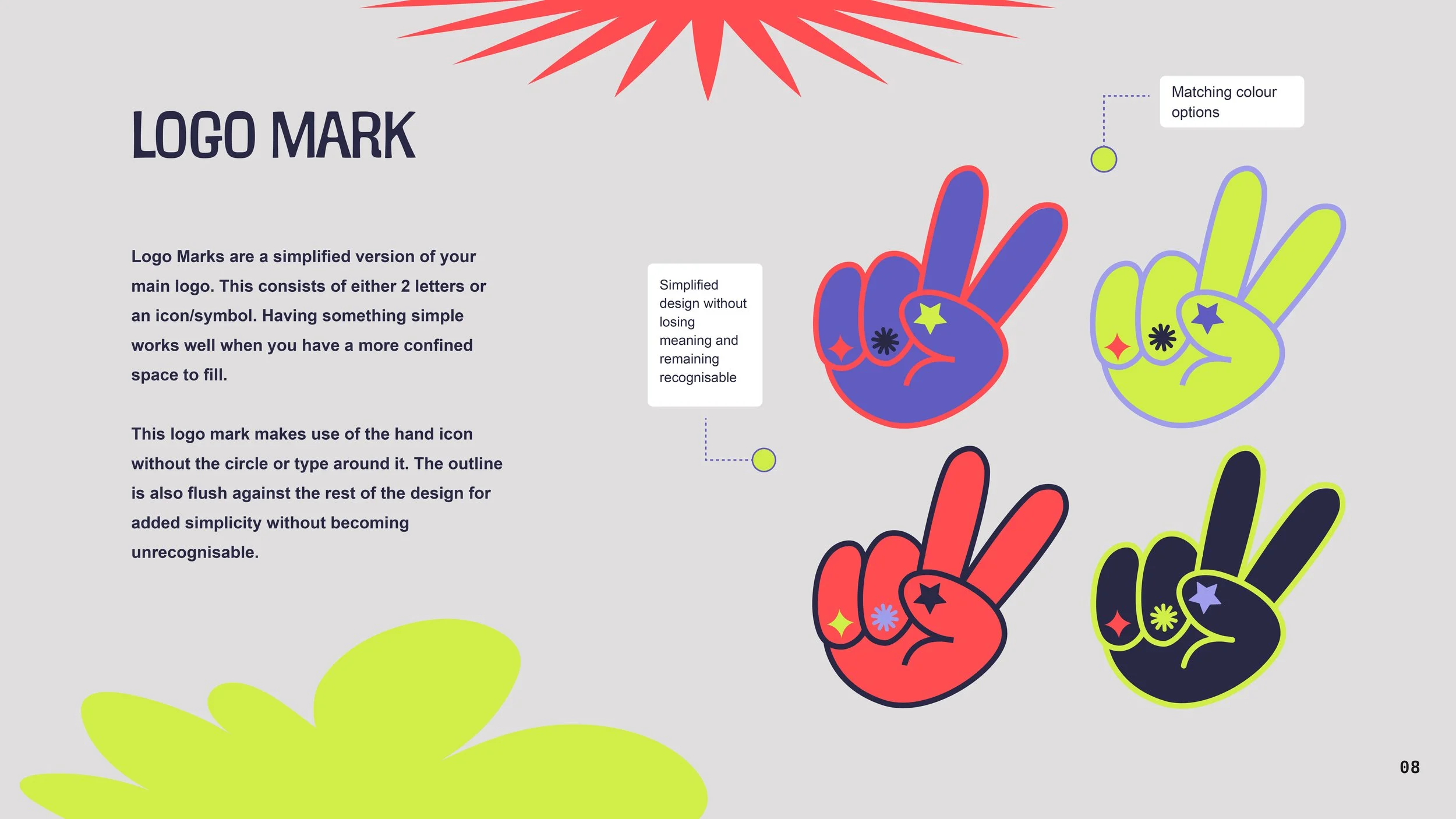An infographic explaining how to create a logo mark using simple hand icon illustrations. It features four variations of a hand making a peace sign, each with different color options and design details. The left side contains text on the importance o