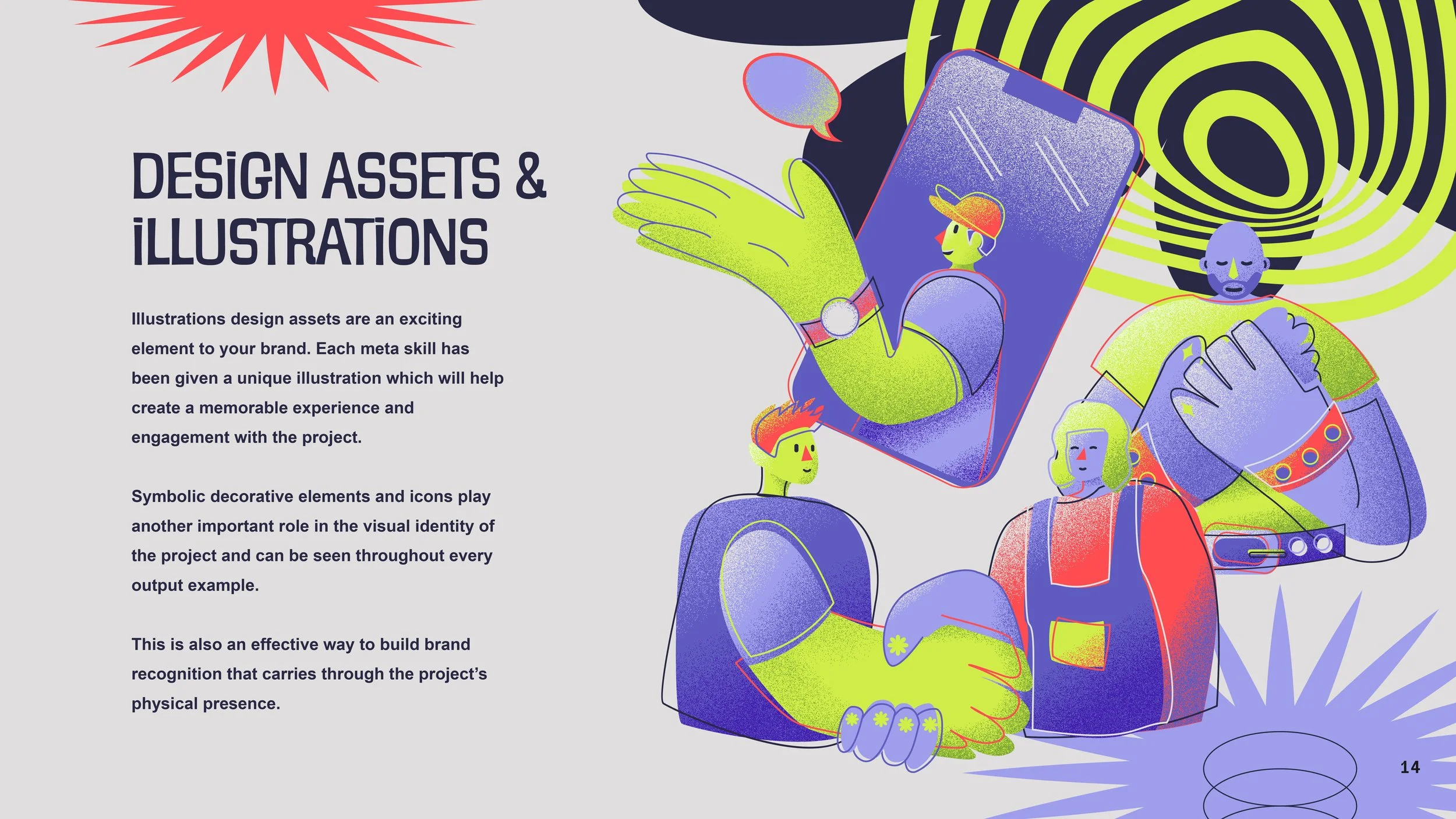 Illustration of multiple diverse people engaging with digital devices and symbols, emphasizing design assets and illustrations, with colorful abstract patterns in the background.