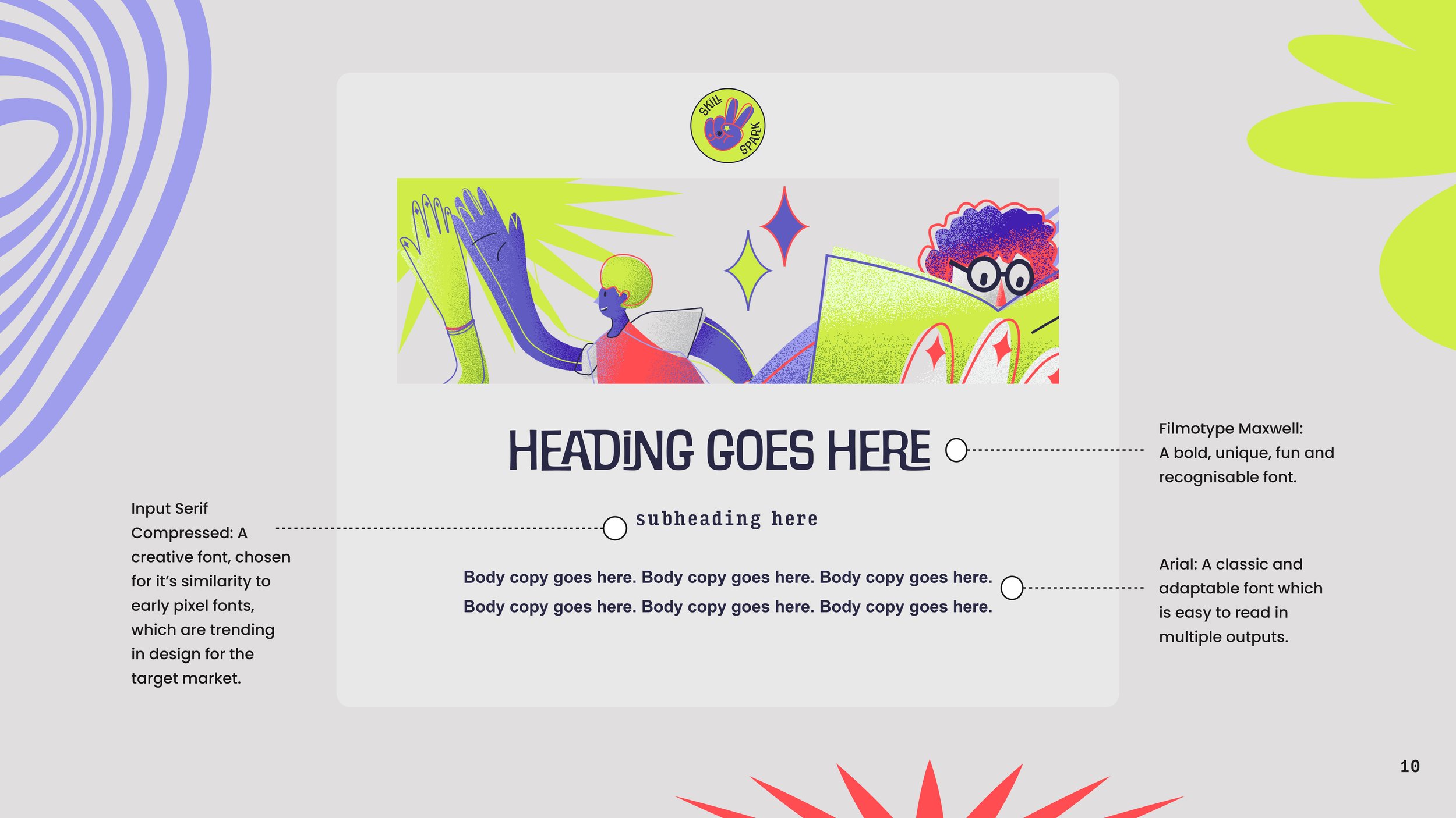 A colorful digital illustration featuring diverse characters with vibrant hair and clothing, engaging in creative activities, with a logo labeled 'Skill Spark' at the top. The background has playful, abstract shapes and bright colors.