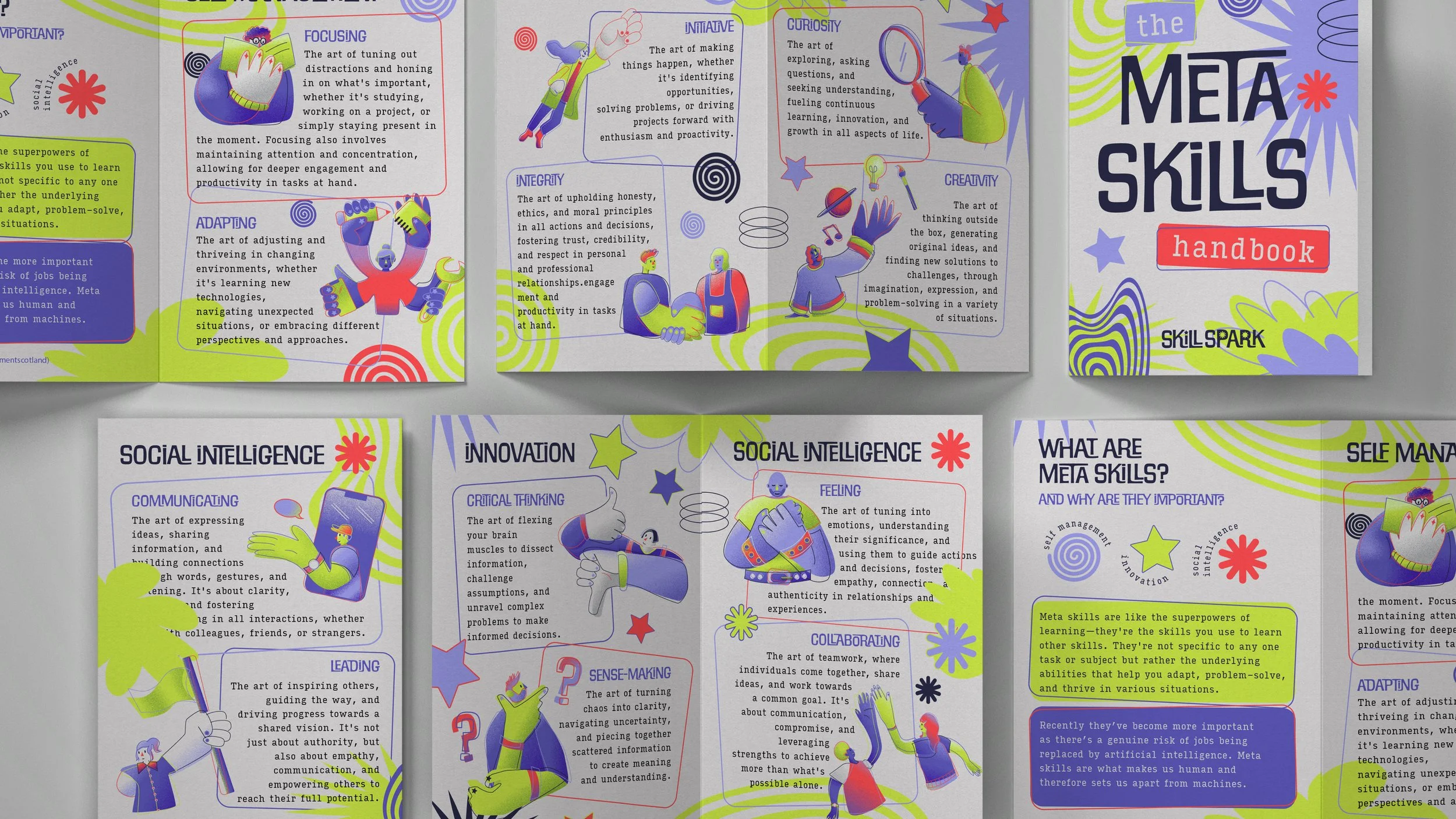 Colorful brochure with sections on META skills: focusing, adaptive, inquisitive, curiosity, integrity, creativity, social intelligence, innovation, and self-management. Features illustrations of animated characters engaging in activities like reading