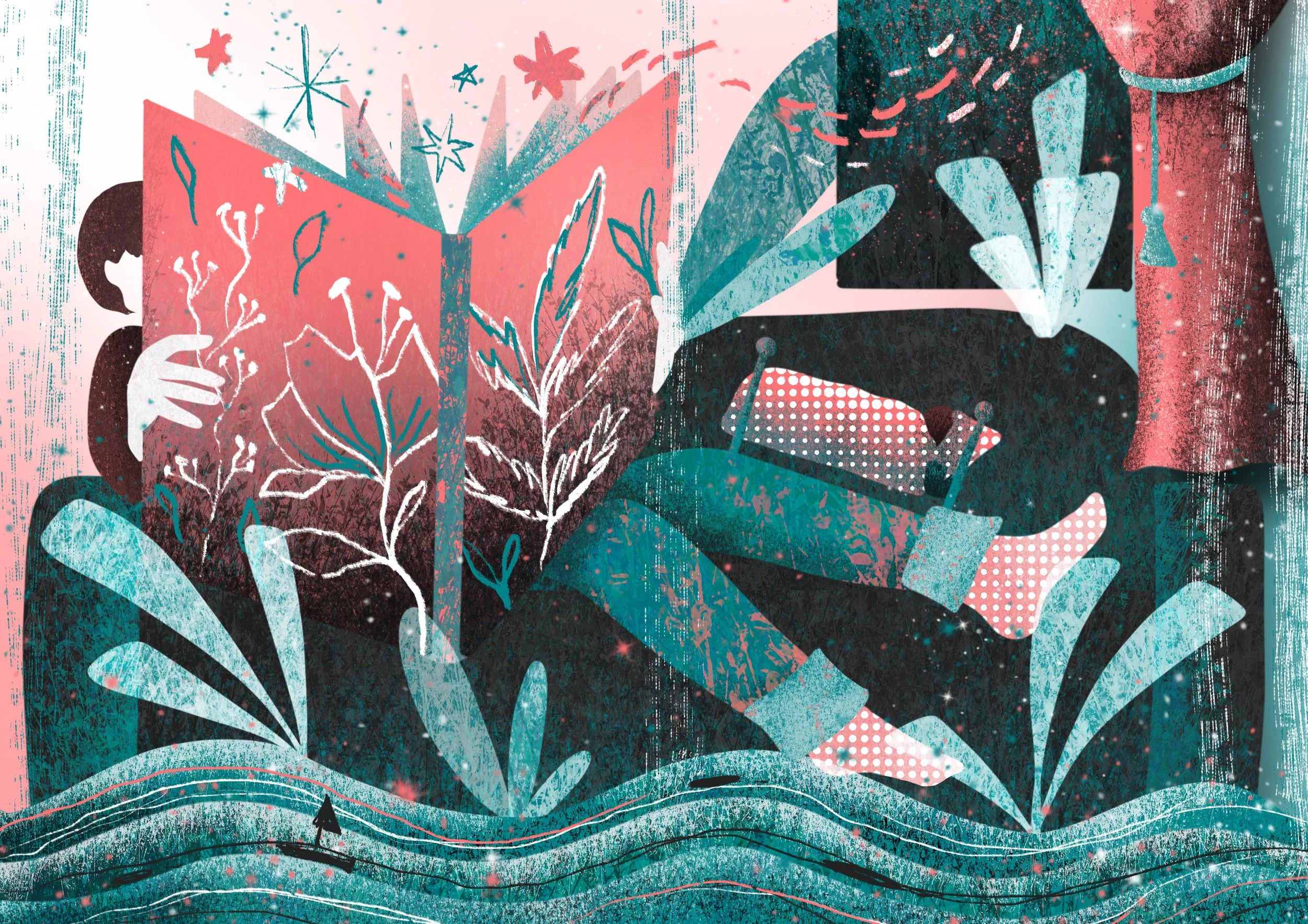 A stylized, abstract illustration of a person reading a book, with plants and stars around them, using a limited color palette of pink, teal, black, and white.