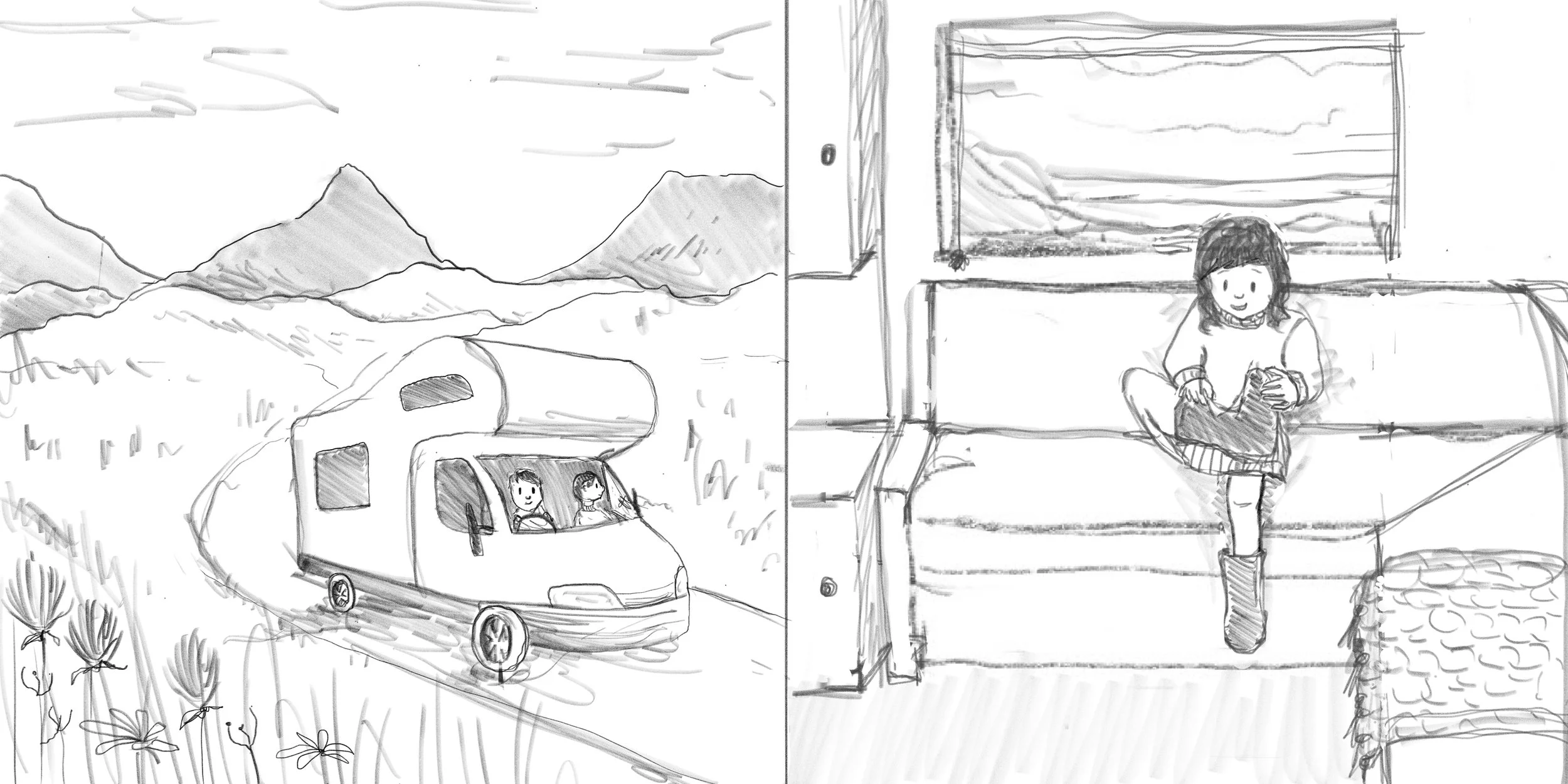 A sketch showing two scenes: on the left, a road winding through mountains with a camper van and two people inside; on the right, a girl sitting on a couch inside a room, looking out a window at a landscape with mountains and clouds.