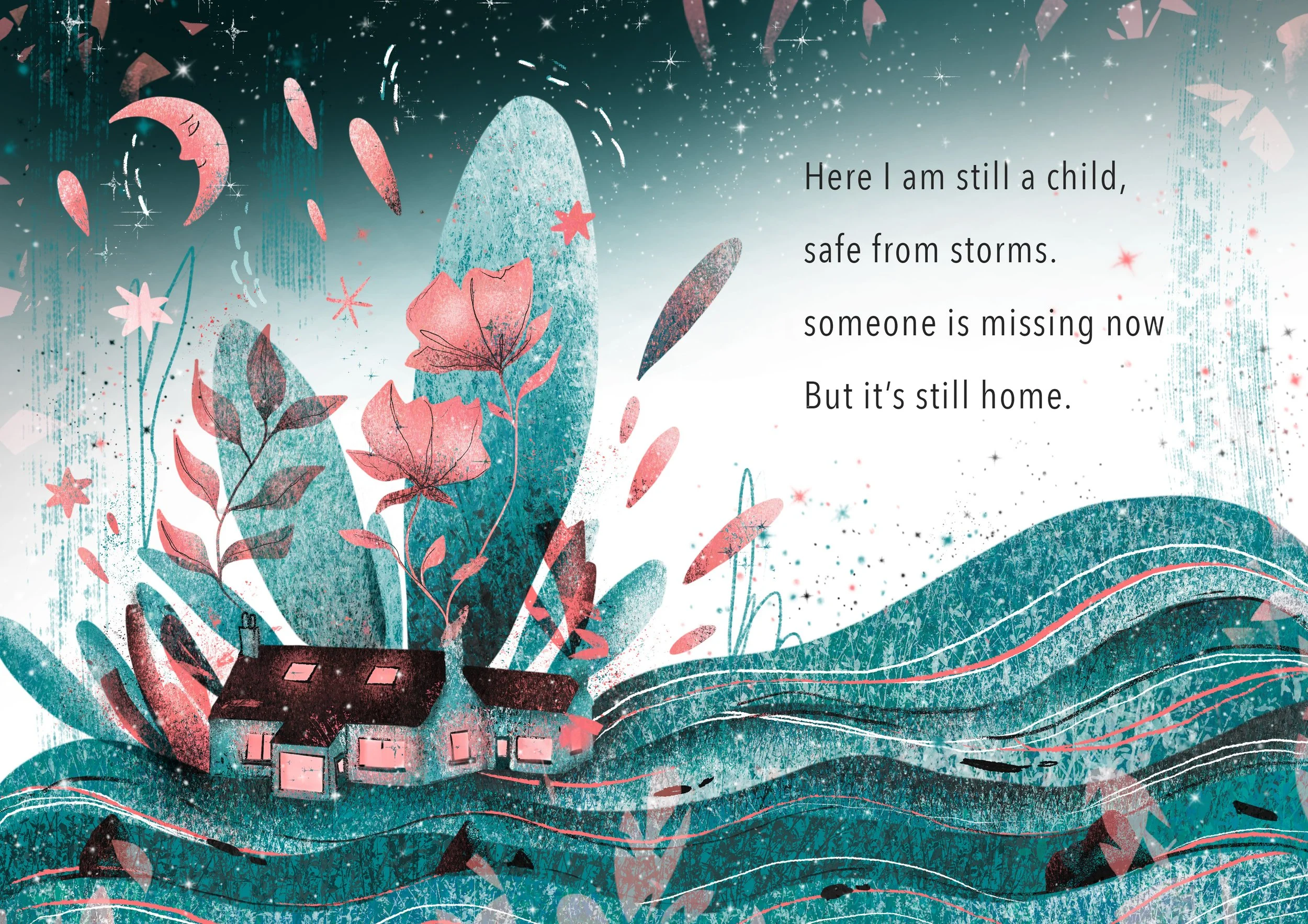 An illustrated scene featuring a small house with pink windows surrounded by abstract hills, leaves, flowers, stars, and a crescent moon in a dreamy, whimsical style with a quote about childhood and missing someone.