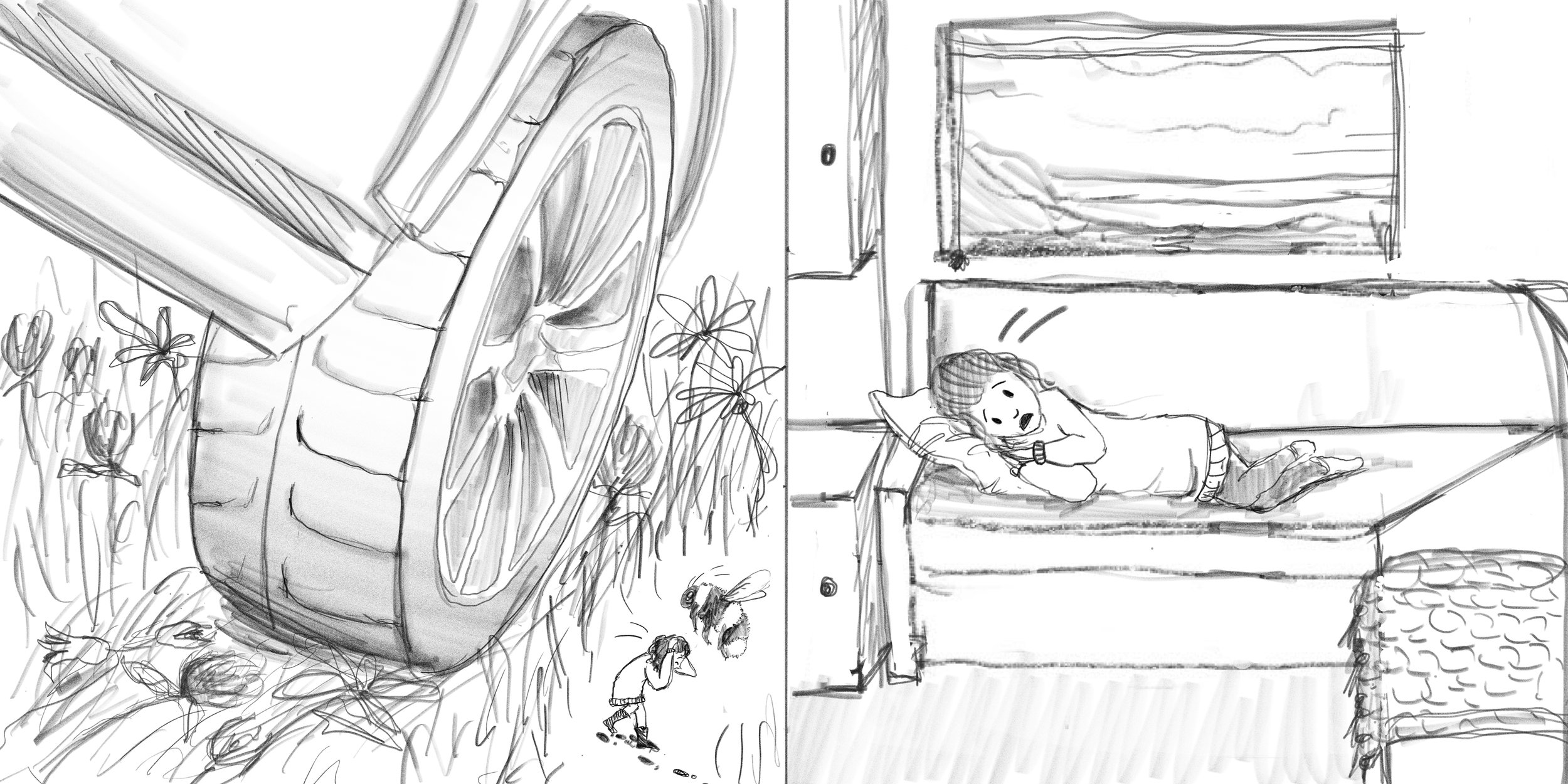 A sketch of a vintage fan and floral plants on the left side, and a girl lying on a couch inside a room with a window showing a landscape outside on the right side.