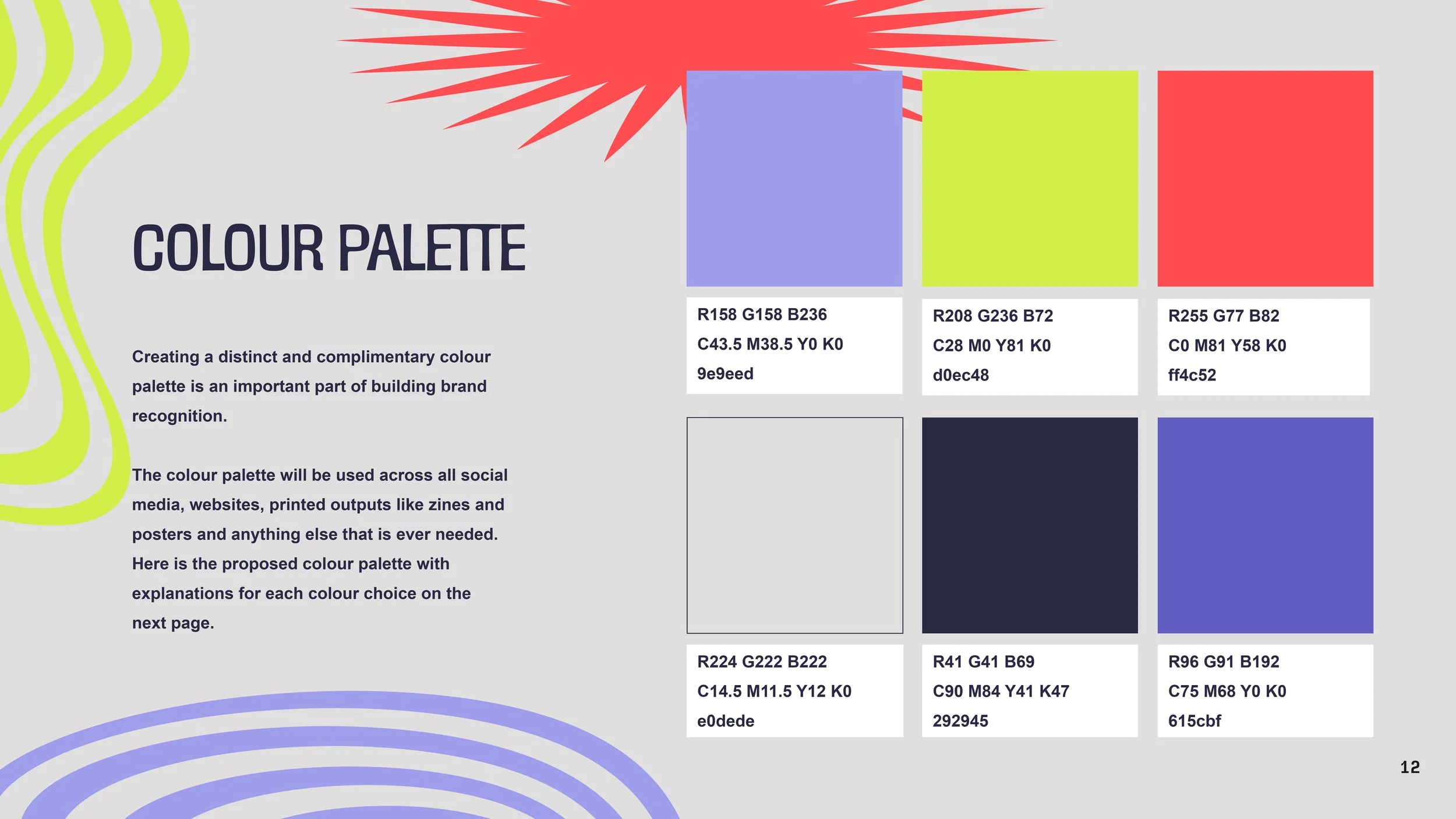 Color palette chart with six color swatches arranged in two rows of three, each with color codes and descriptions. The background is light gray with decorative elements including wavy lime green lines on the left and purple concentric circles at the 