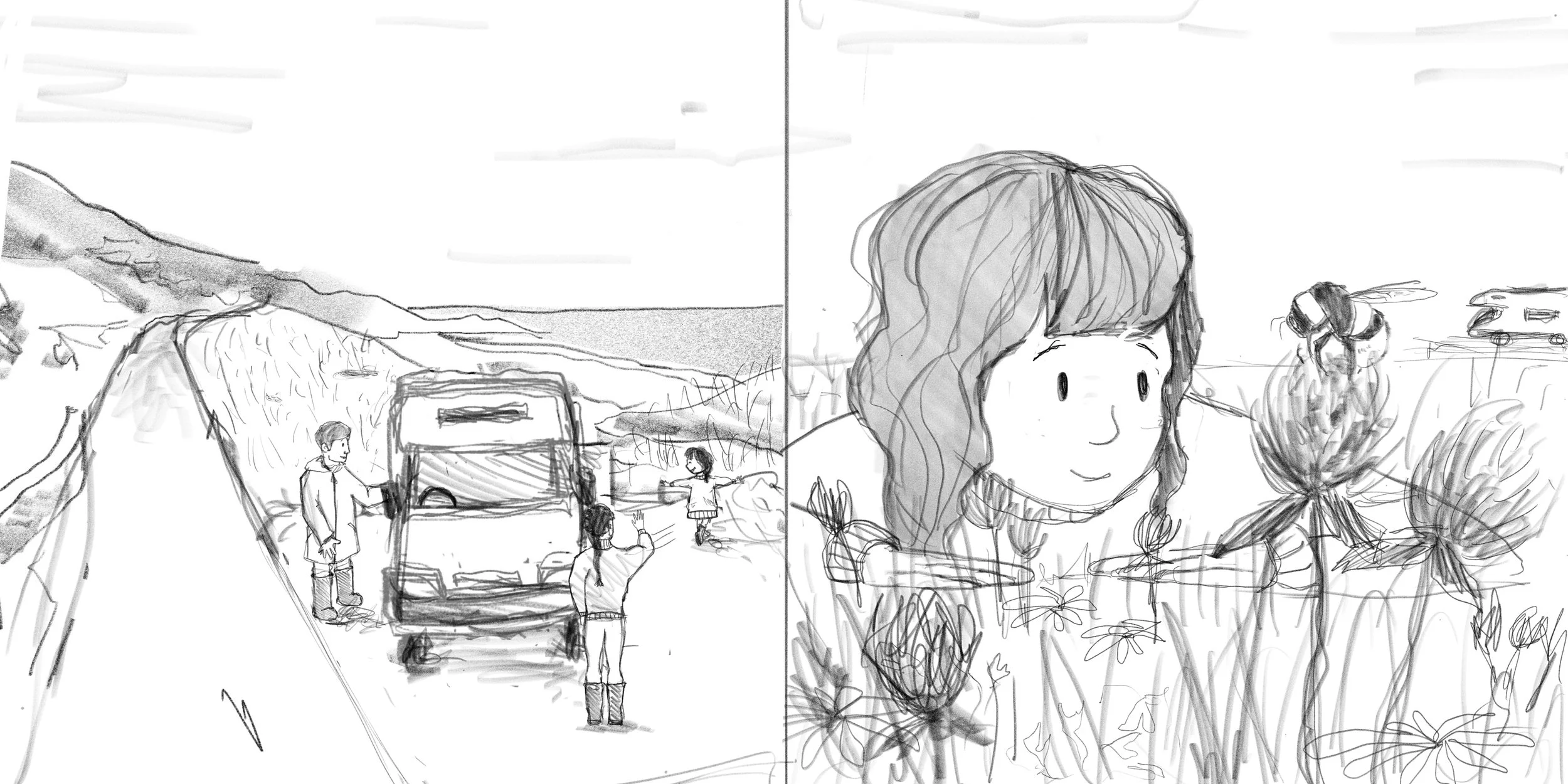 A black and white sketch of children and adults outdoors, with a scenic background and a child among flowers, with a view of a hill and cars in the distance.