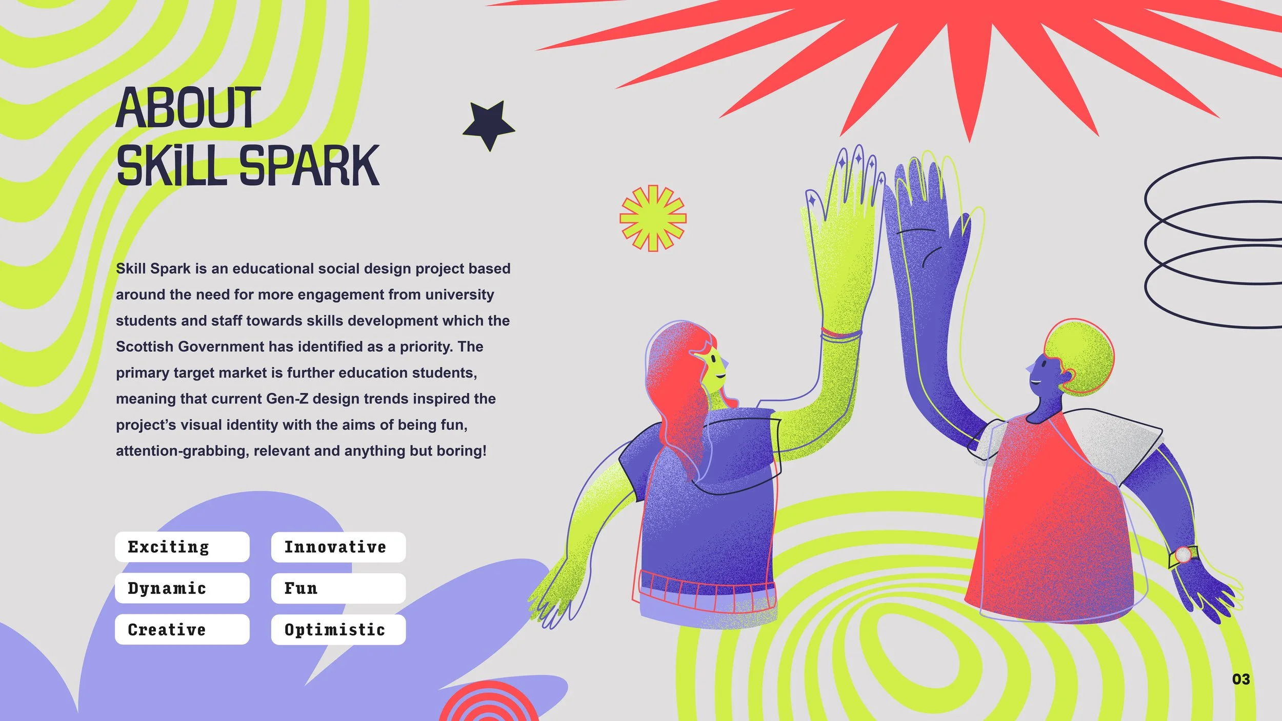 Illustration of two people giving each other a high five in a colorful, abstract background with yellow and purple swirling patterns, stars, and flowers. Text explains about Skill Spark, a social design project focused on engaging university students